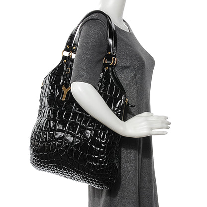 Saint Laurent Patent Crocodile Embossed Tribute Tote Black 2 of 8