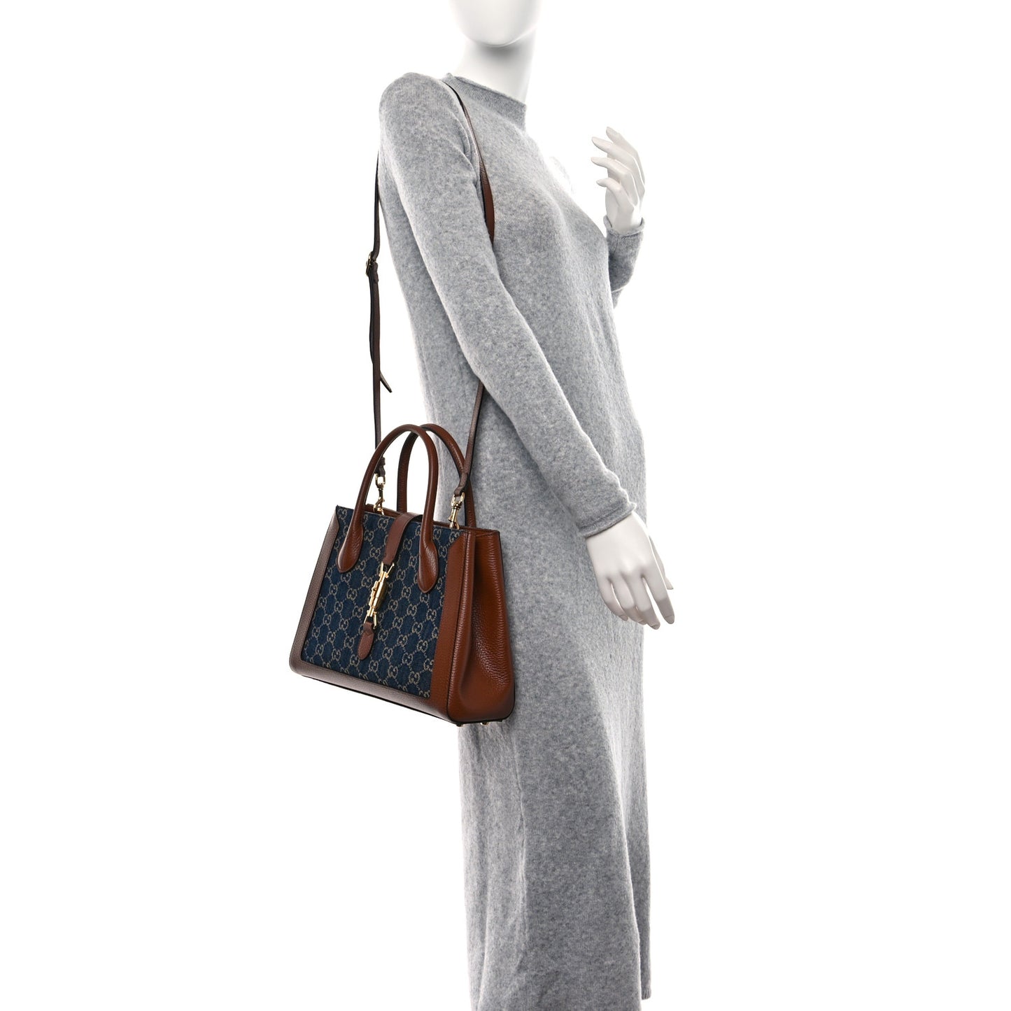 New Denim GG Monogram Dollar Calfskin Medium Jackie 1961 Tote Blue Tea Cuir Epilog