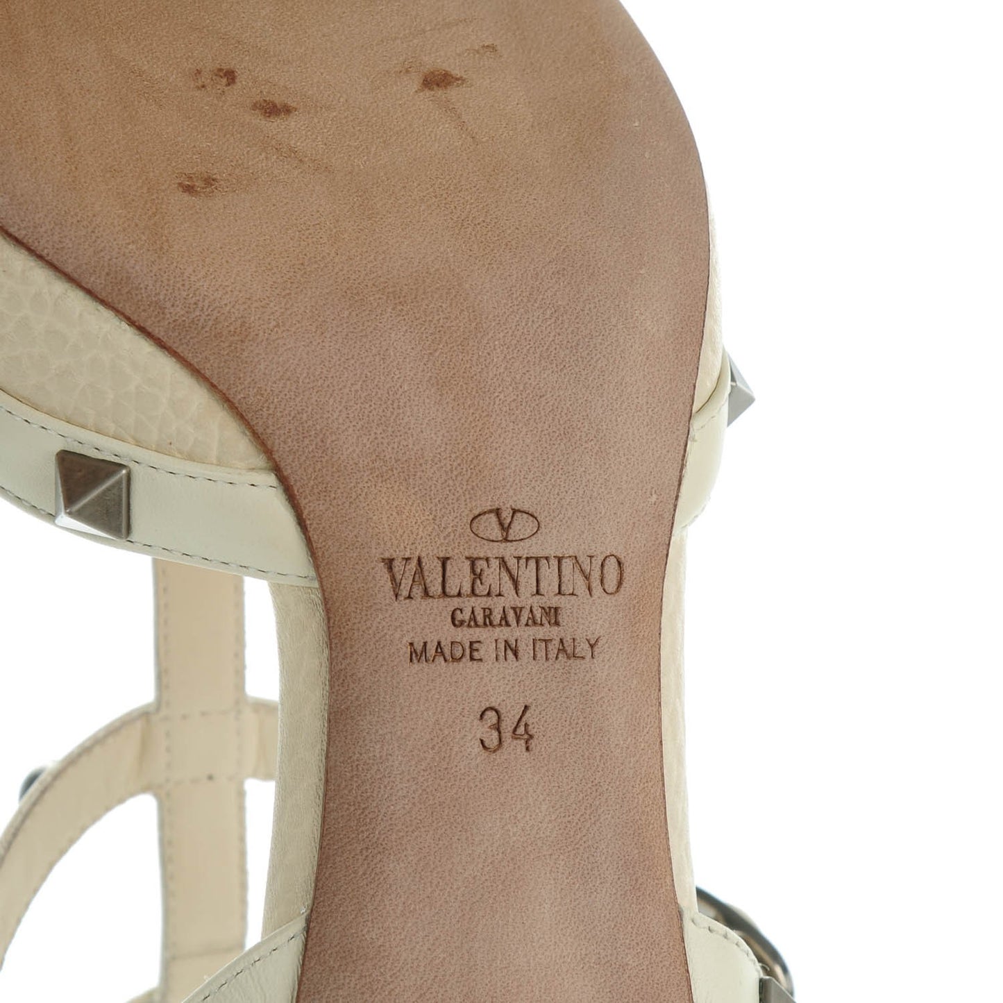 Alce Printed Calfskin Rockstud Rolling Ankle Strap Pumps 34 Ivory
