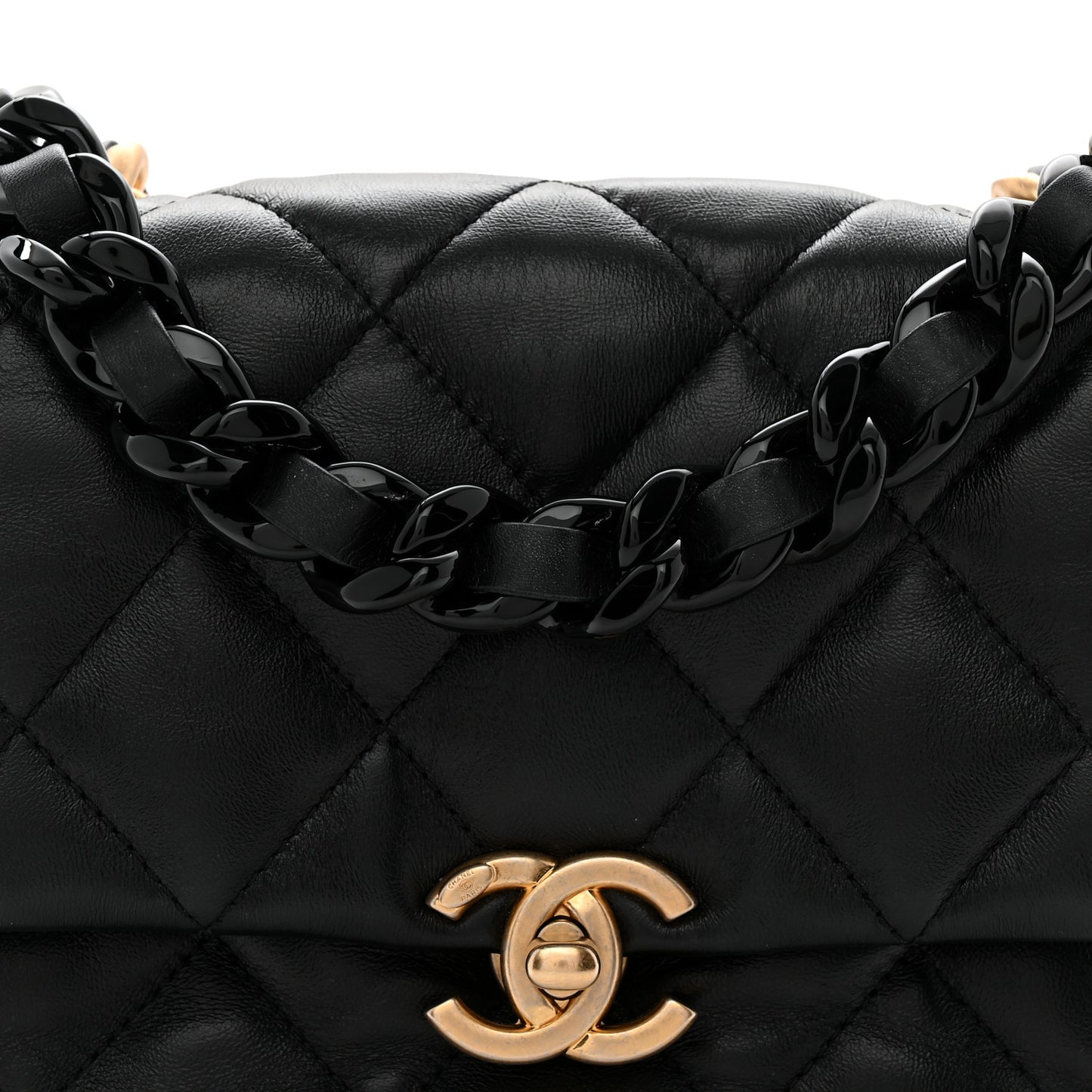 Lambskin Quilted Mini Lacquered Chain Flap Black