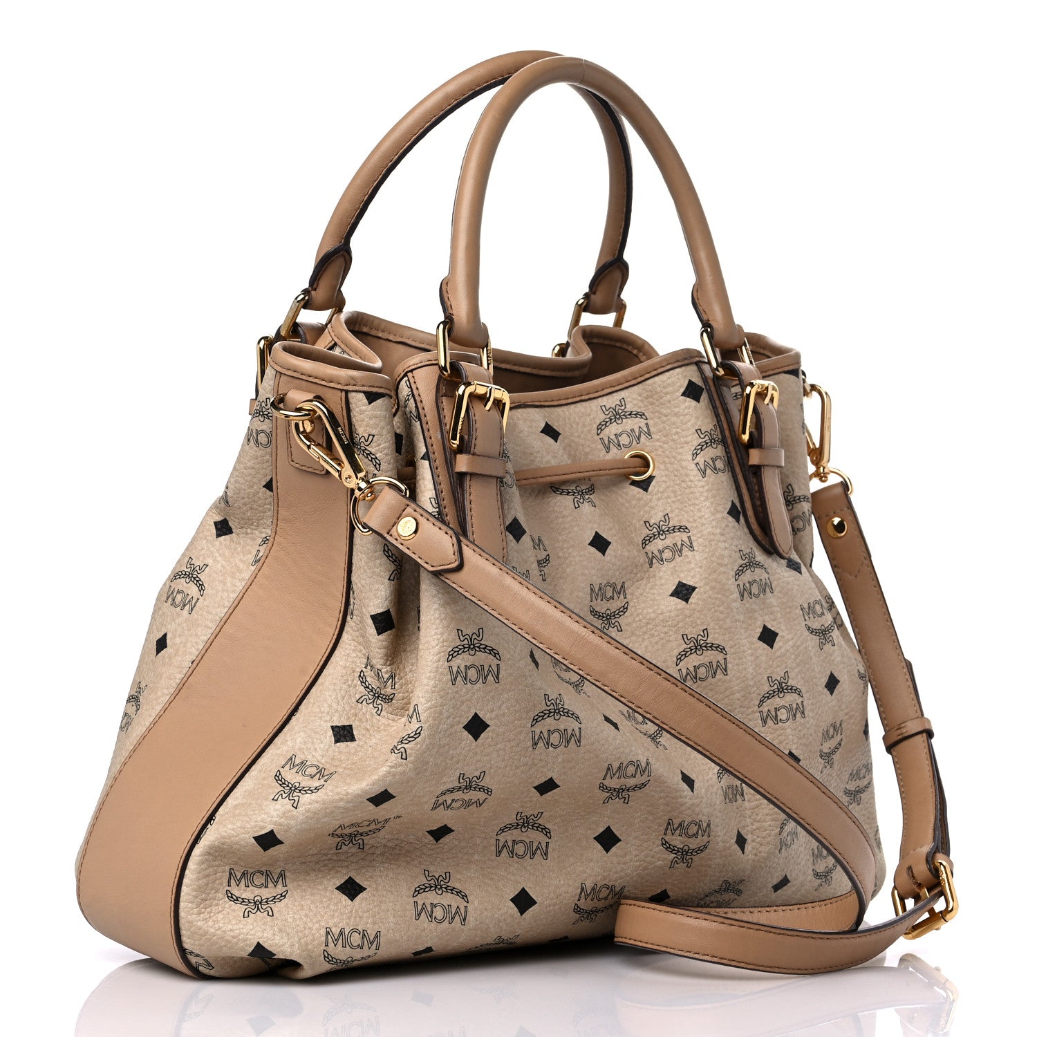 MCM Visetos Drawstring Bucket Bag Beige 3 of 15