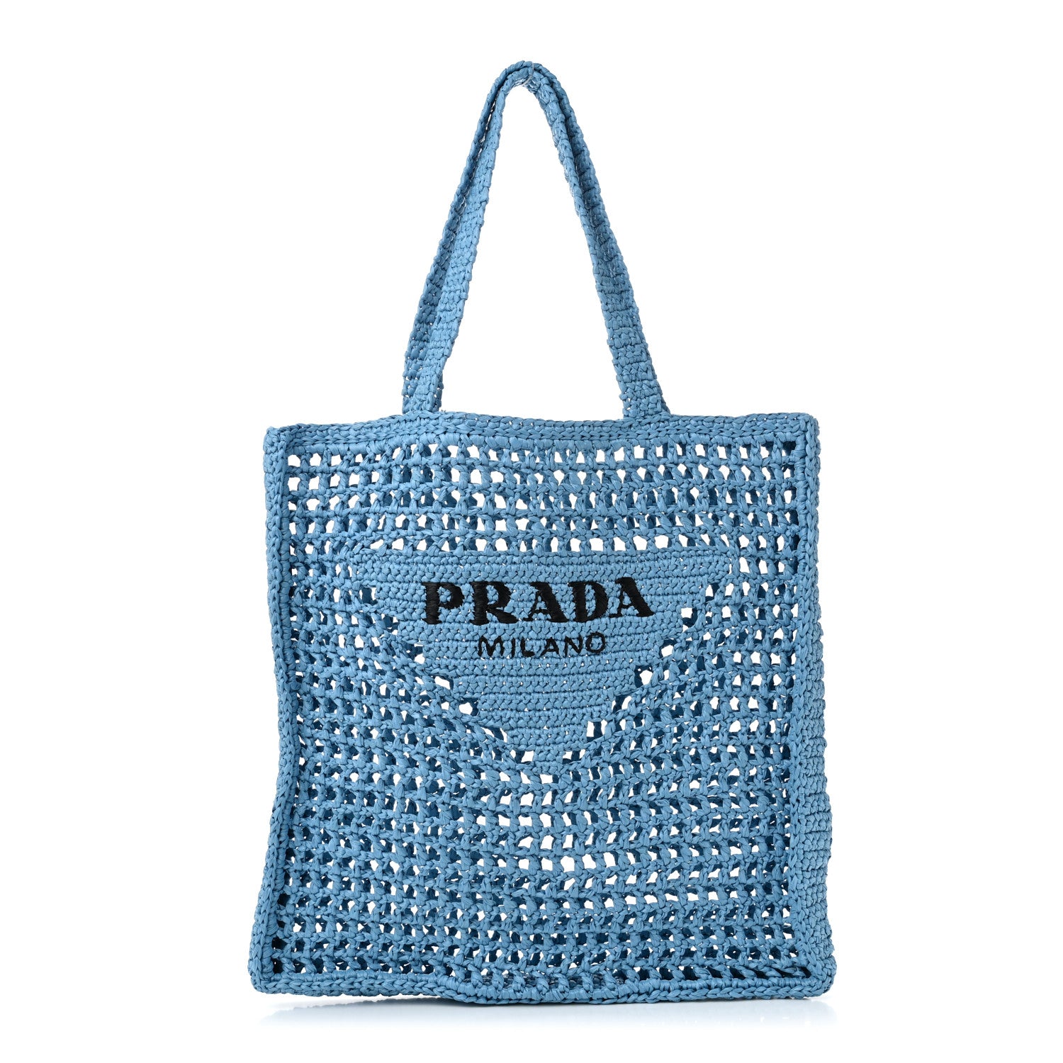 Prada Yarn Raffia Effect Crochet Logo Embroidered Tote Bag Celeste 1 of 10