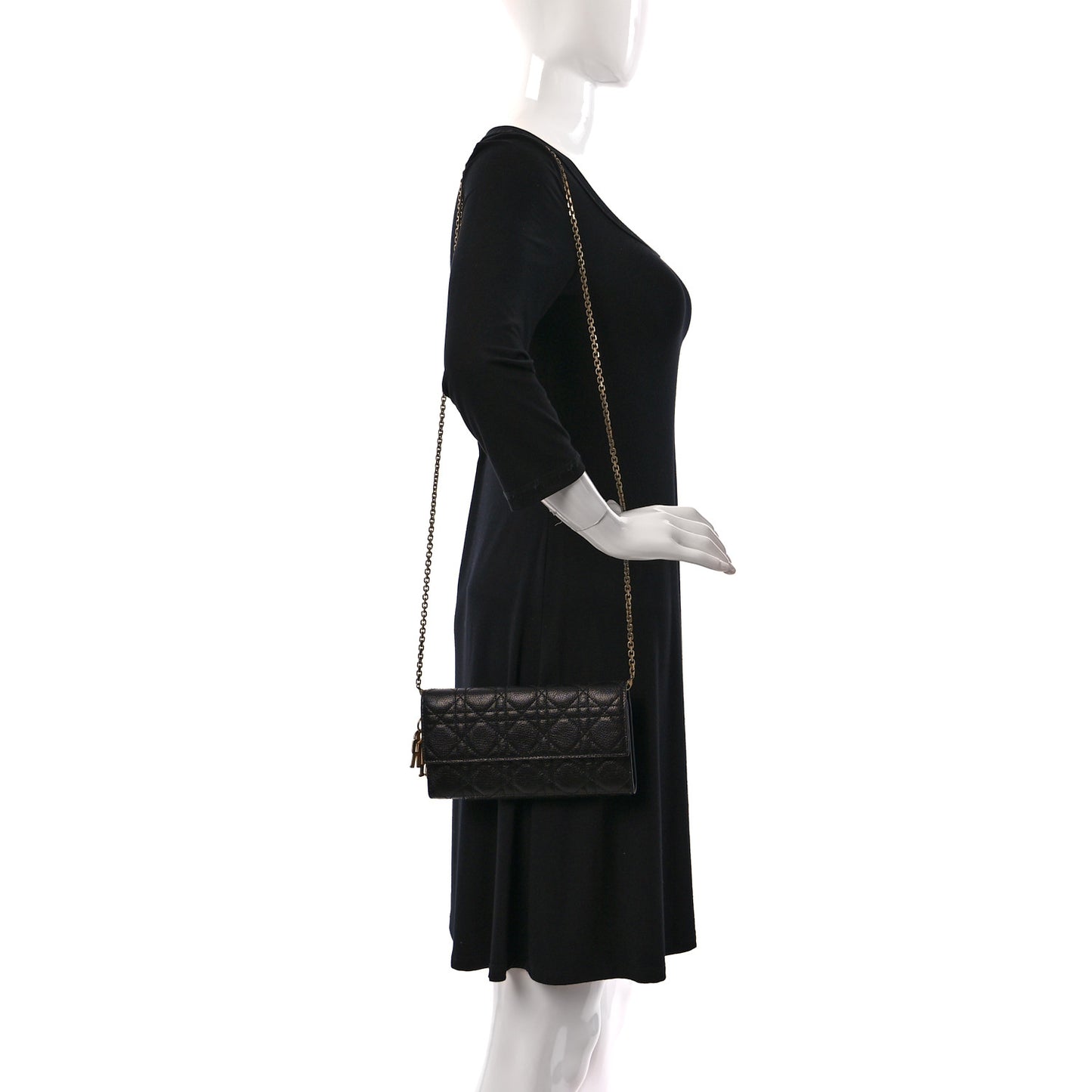 Grained Calfskin Cannage Lady Dior Rendezvous Chain Wallet Black