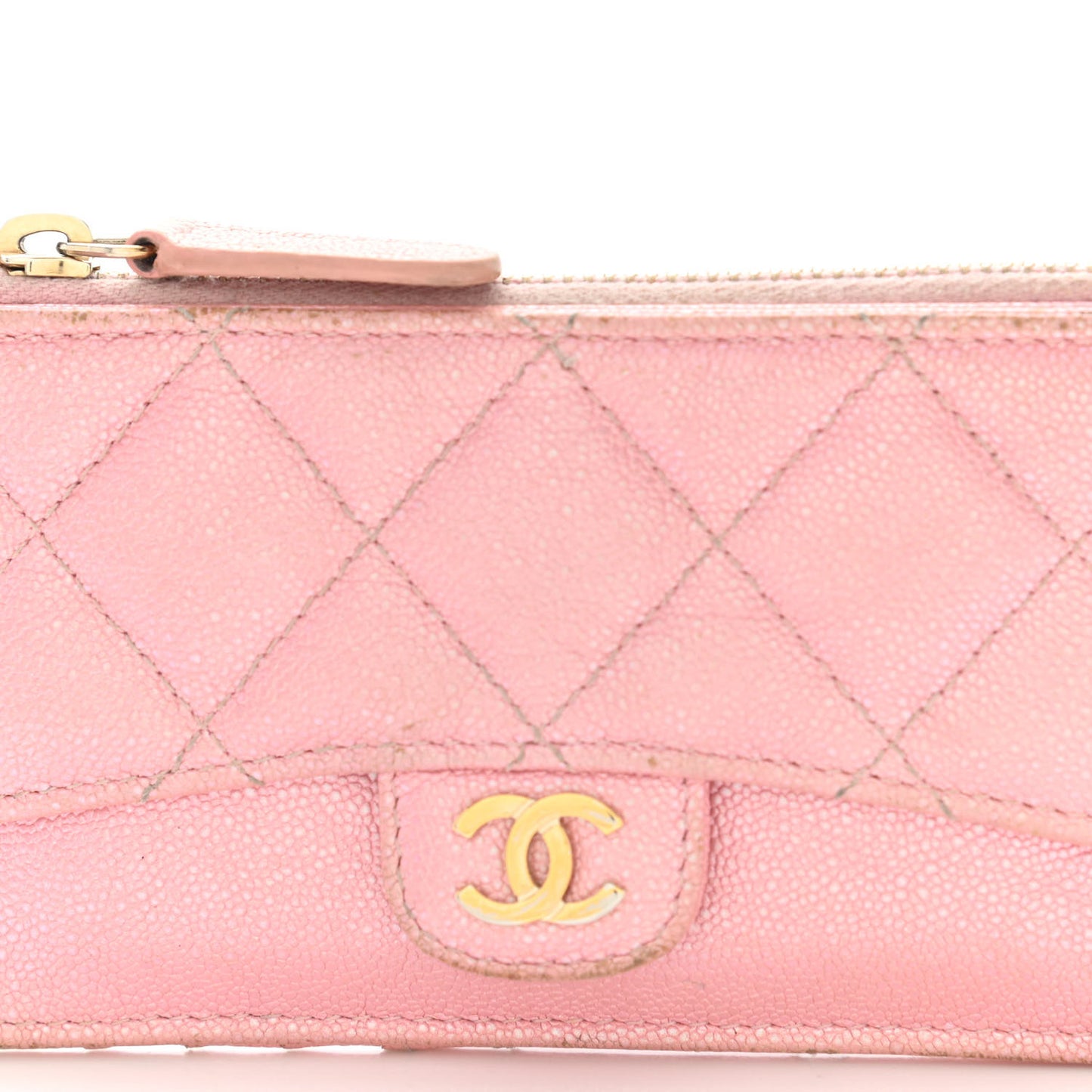 Iridescent Caviar Quilted Flap Zip Card Holder Pink