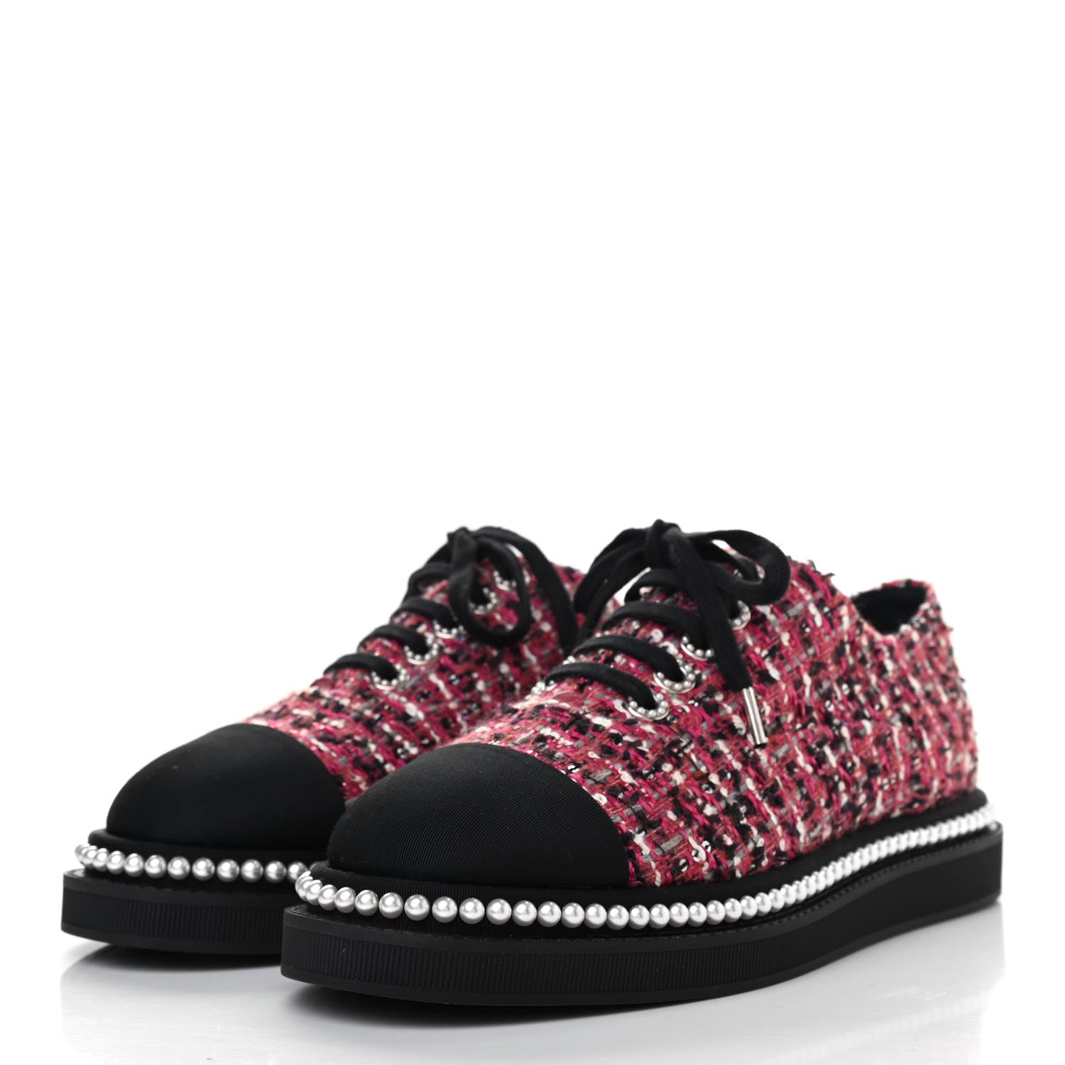 Chanel Tweed Grosgrain Sequin Pearl Lace Up Sneakers 39 Black Pink 3 of 7