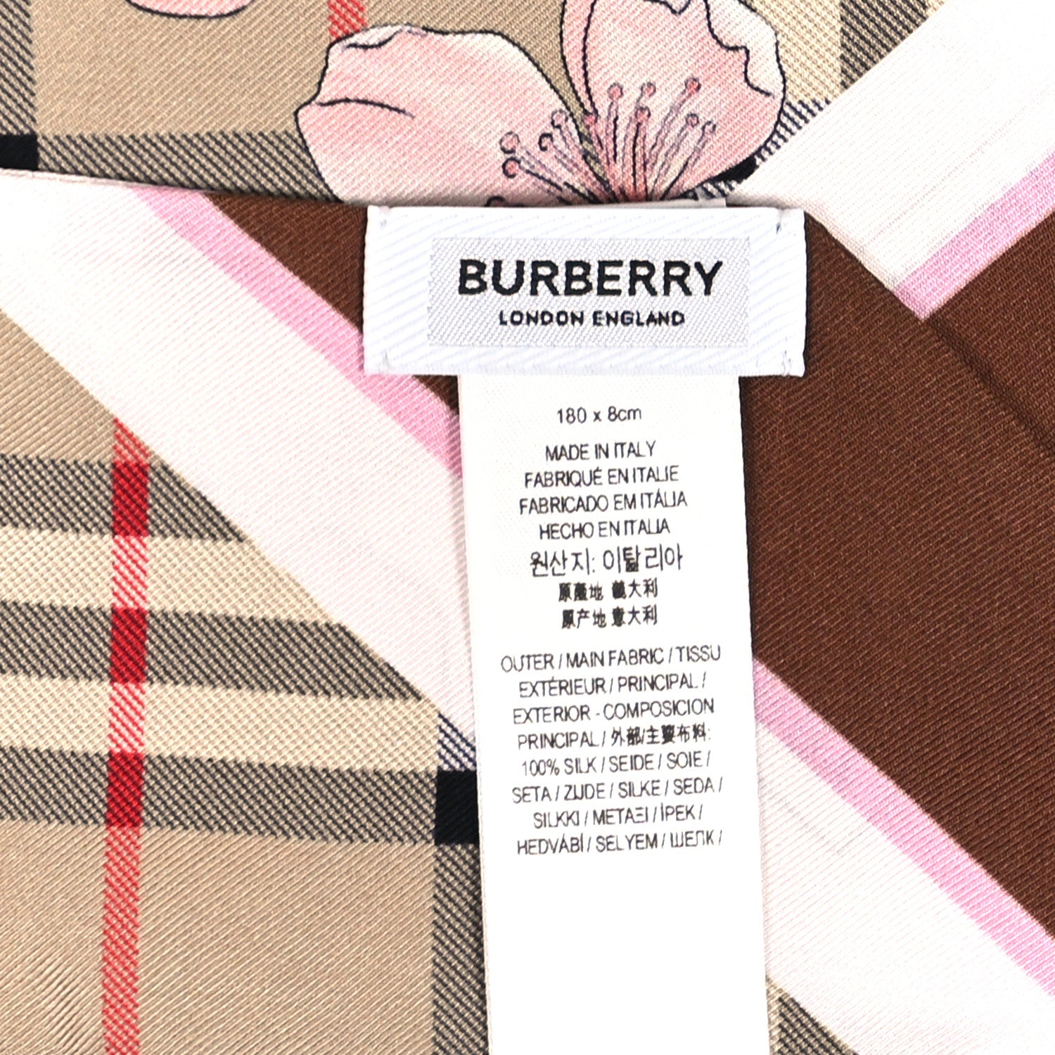 Burberry Silk Floral Check Print Skinny Scarf Beige 3 of 3
