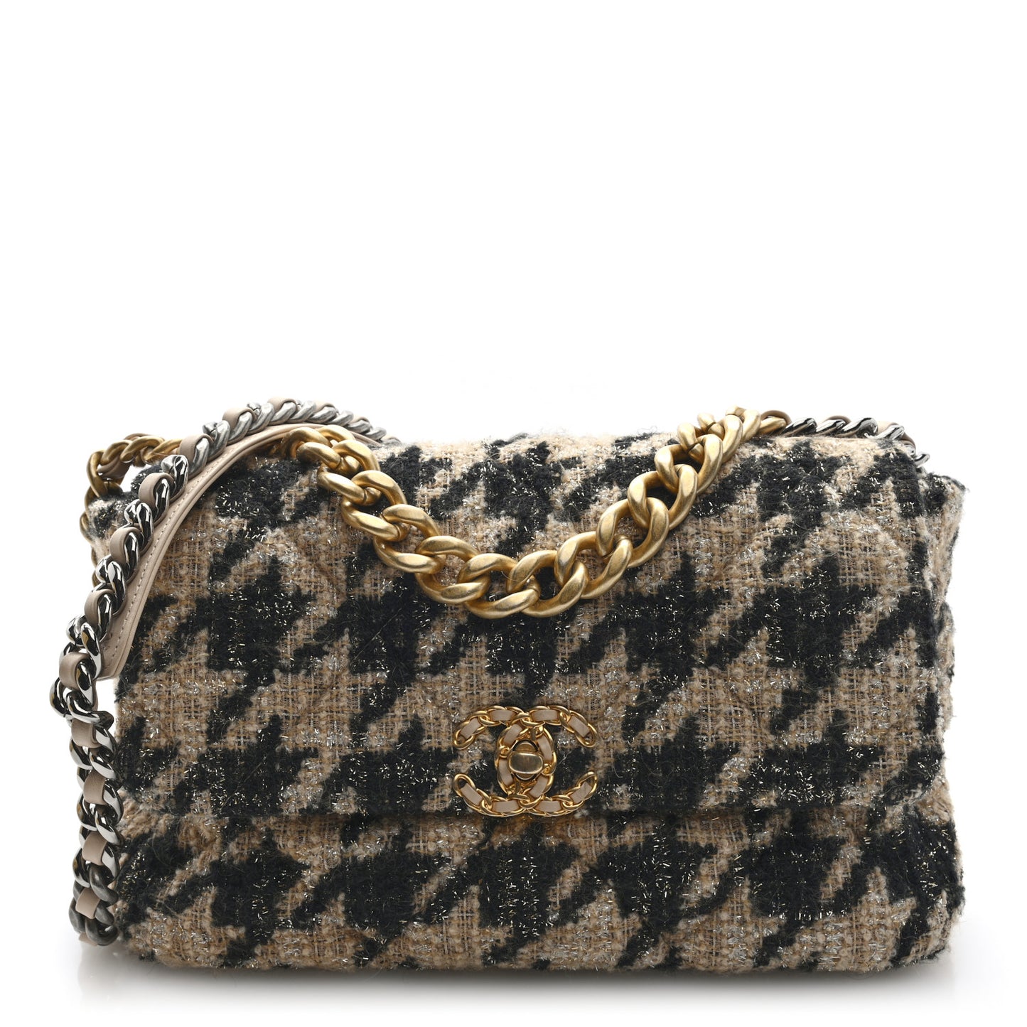 Tweed Large Chanel 19 Flap Beige Black