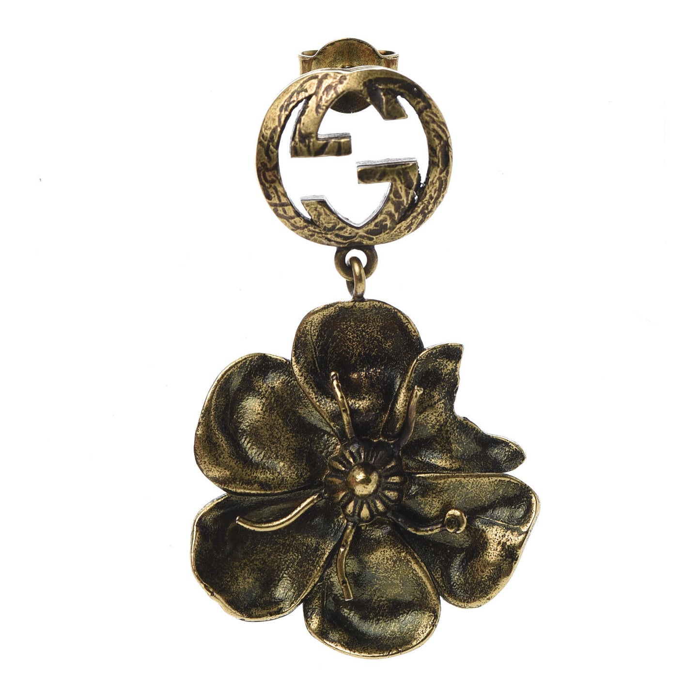 Metal Interlocking GG Floral Pendant Earrings Aged Gold