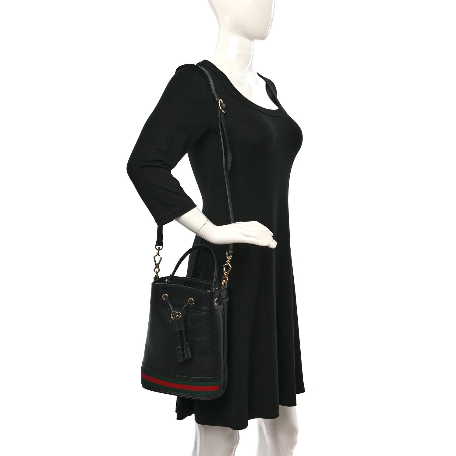 Gucci Glazed Textured Calfskin Web Small Ophidia Bucket Bag Black 2 of 9