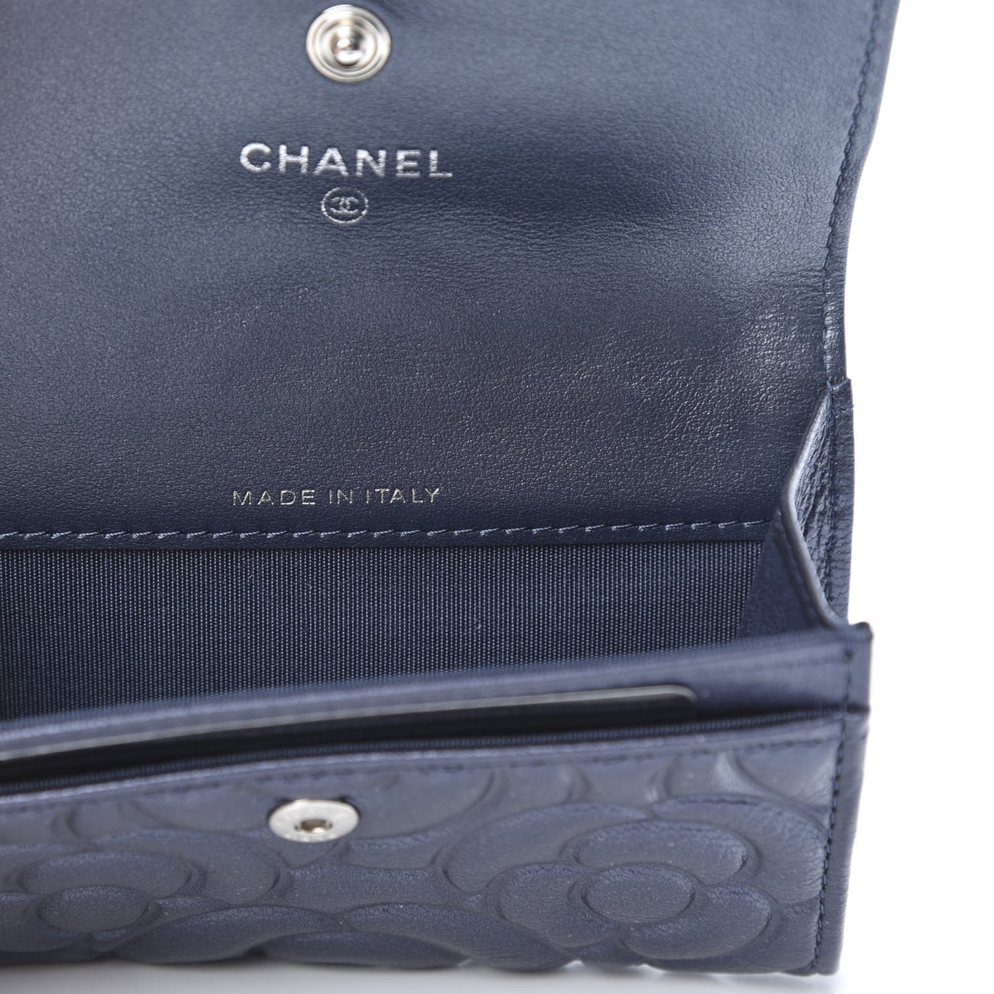 Goatskin Camellia Embossed Flap Card Holder Wallet Dark Blue