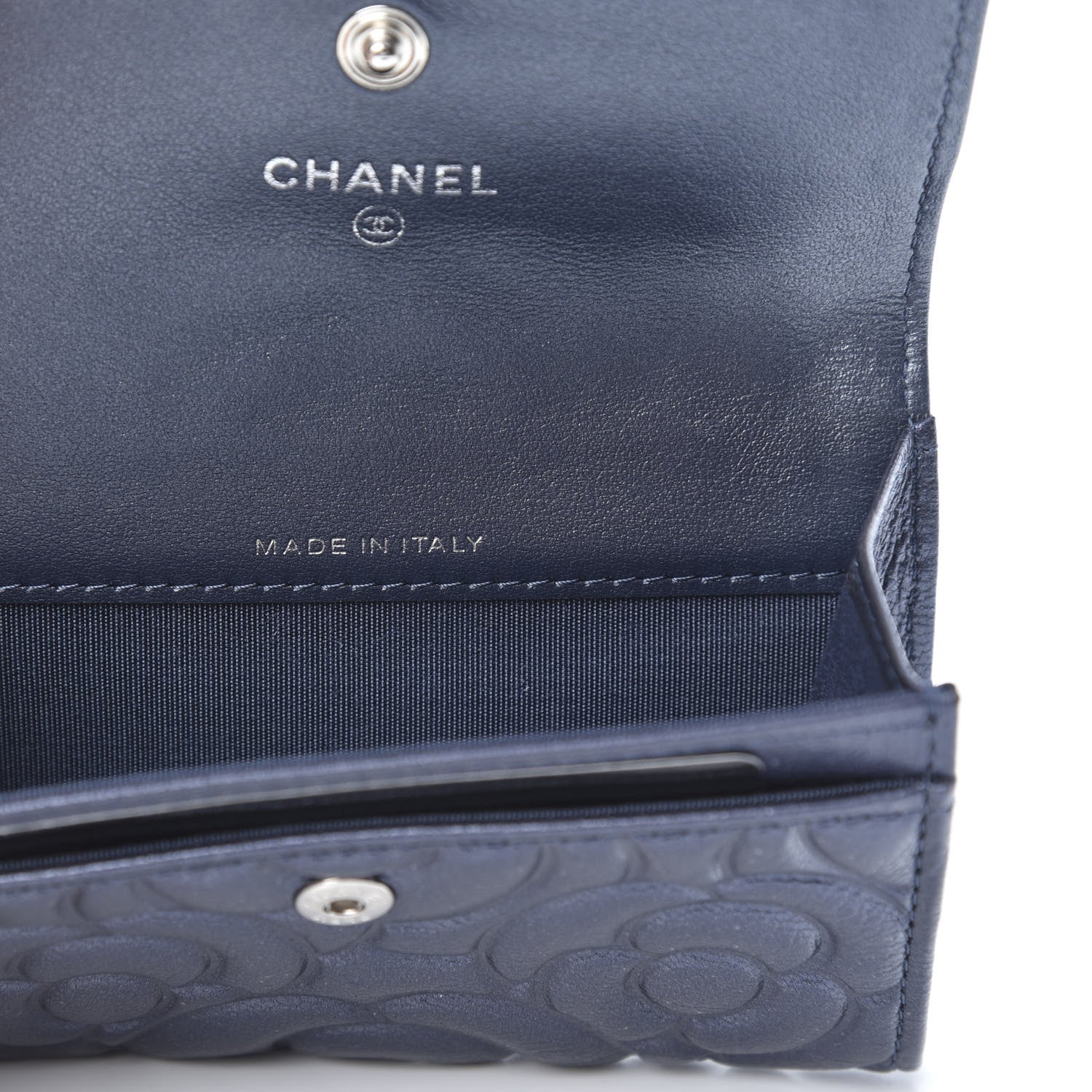 Chanel Goatskin Camellia Embossed Flap Card Holder Wallet Dark Blue 7 of 9