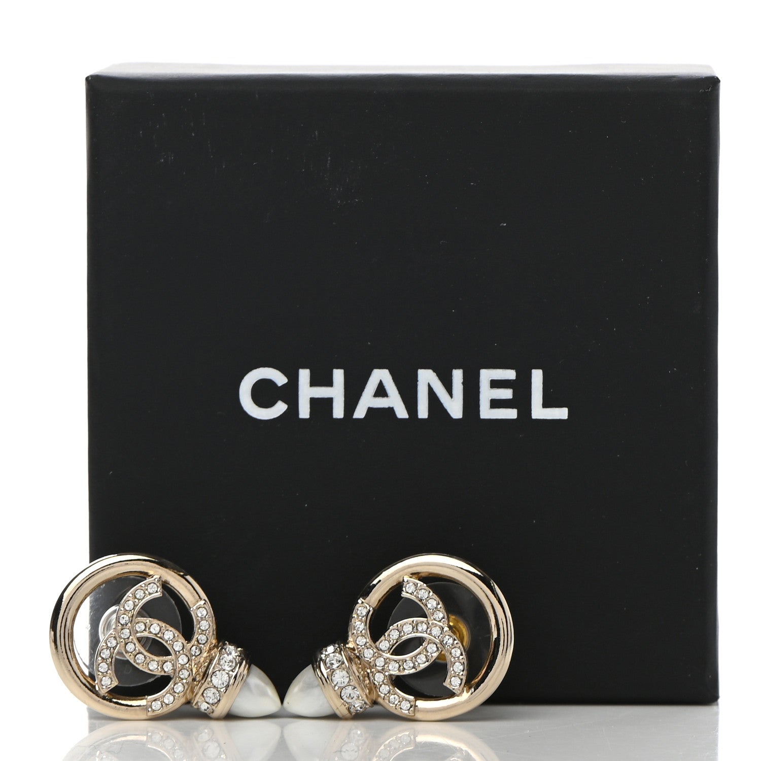Chanel Crystal Pearl CC Round Drop Earrings Gold 5 of 5