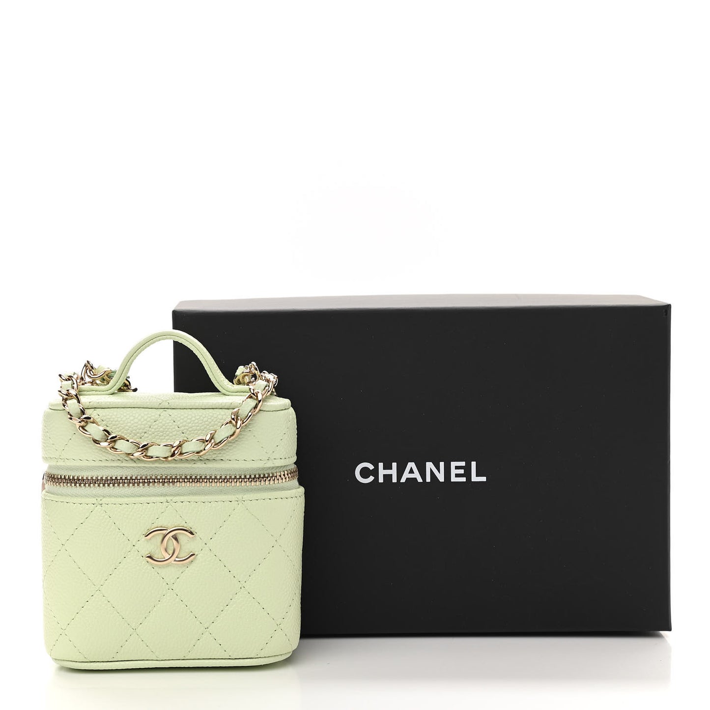 Caviar Quilted Small Handle With Care Vanity Case With Chain Light Green
