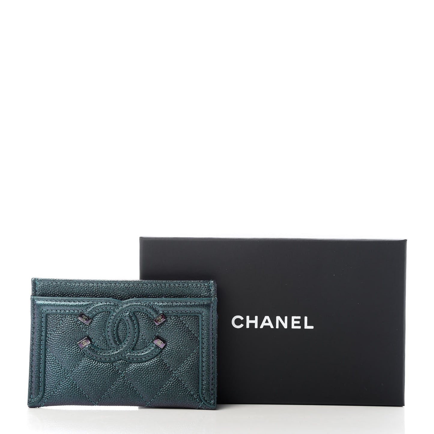 Iridescent Caviar Quilted Filigree Card Holder Dark Turquoise