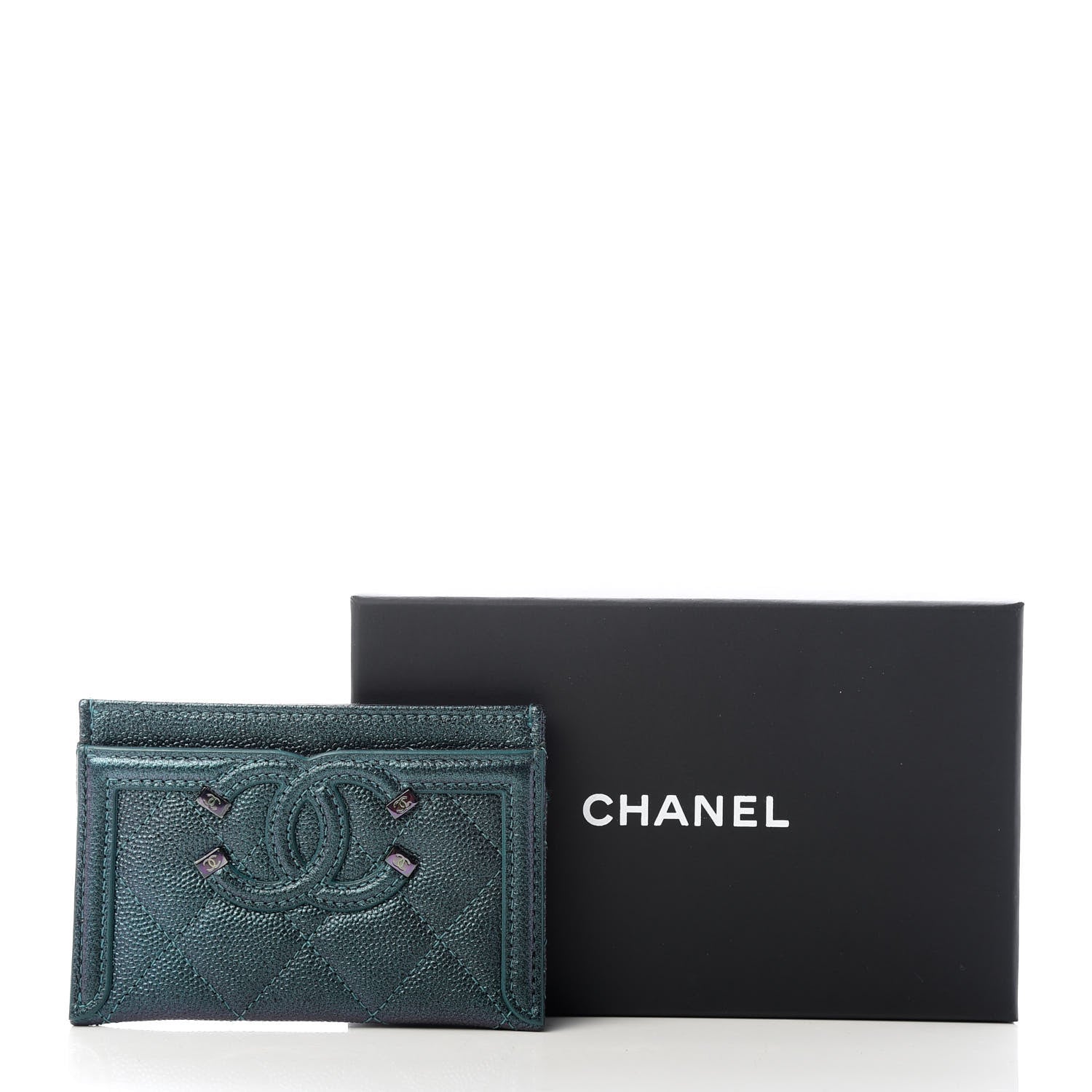 Chanel Iridescent Caviar Quilted Filigree Card Holder Dark Turquoise 9 of 9