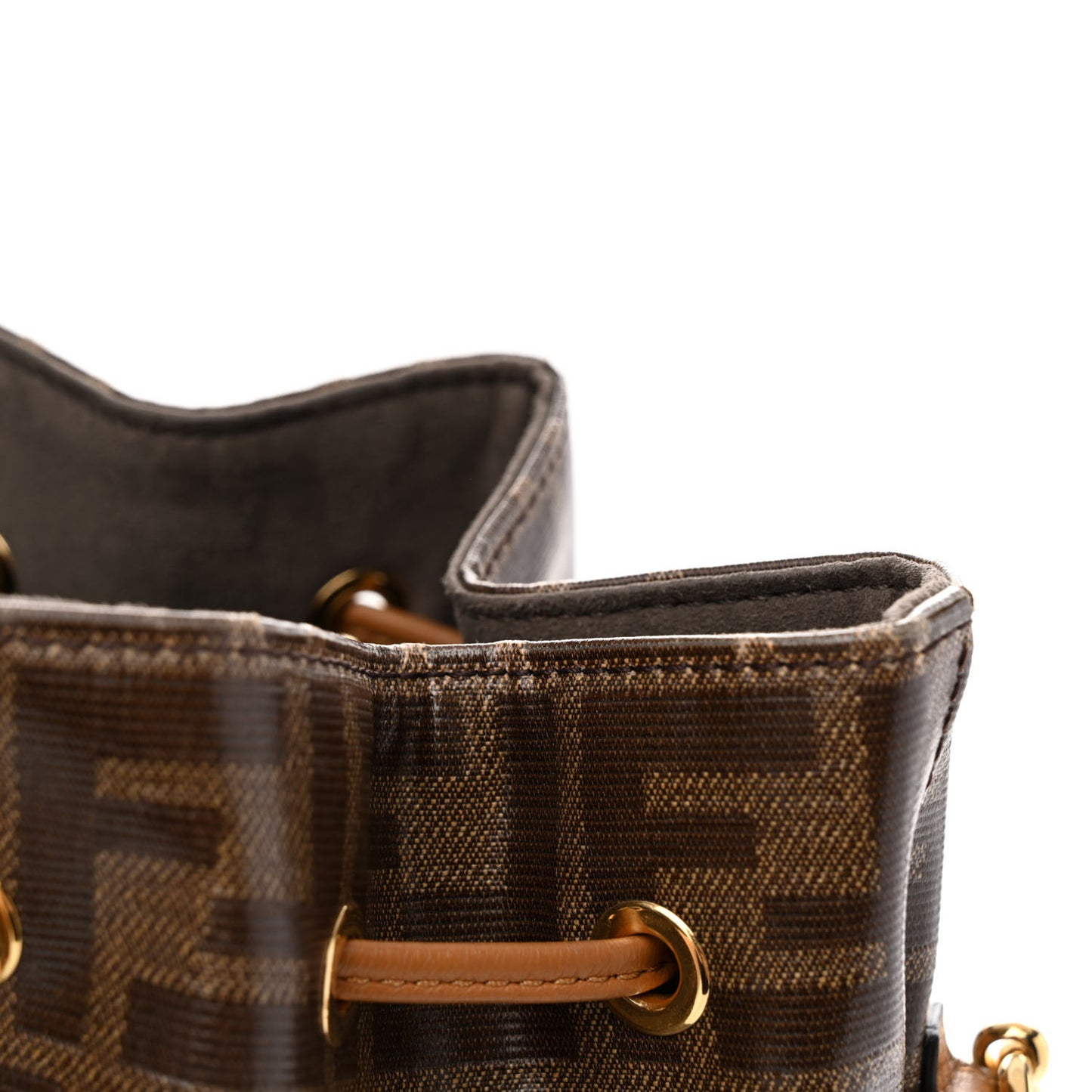 Glazed Fabric Vitello Grace F is Fendi FF 1974 Stamp Patch Grande Mon Tresor Bucket Bag Mogano Panna Nocciola