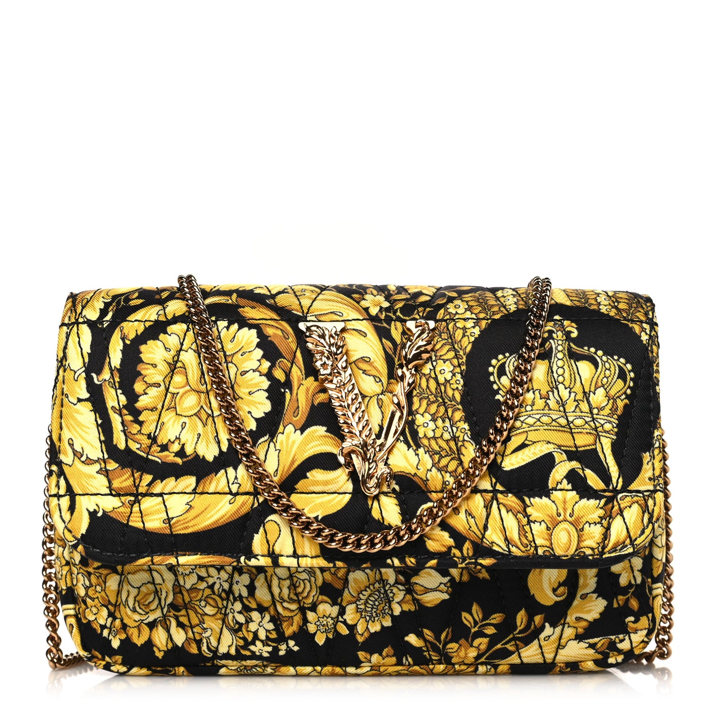 Silk Barocco Printed Quilted Virtus V Mini Chain Flap Shoulder Bag Black Gold