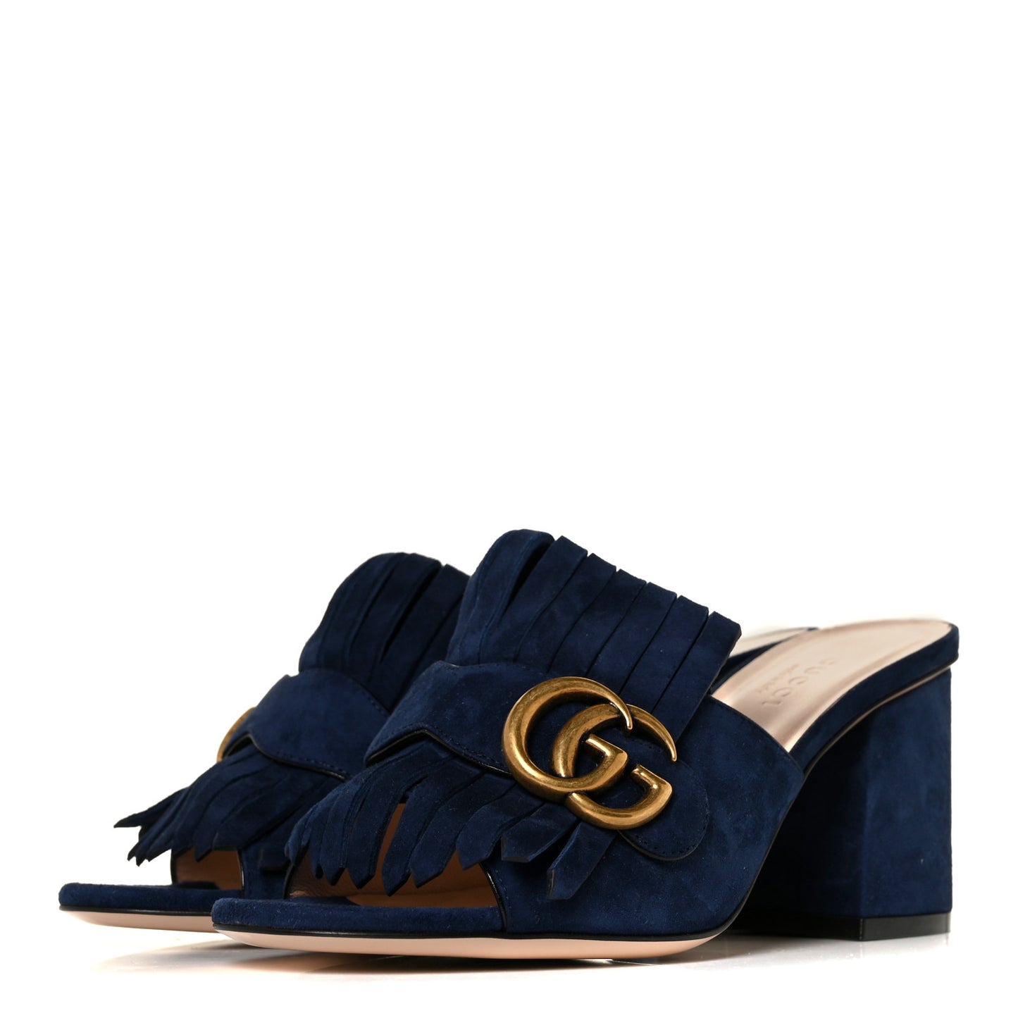 Kid Scamosciato GG Marmont Fringe 75mm Slide Sandals 35 Blue Ink