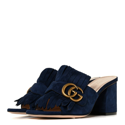 Gucci Kid Scamosciato GG Marmont Fringe 75mm Slide Sandals 35 Blue Ink 3 of 7
