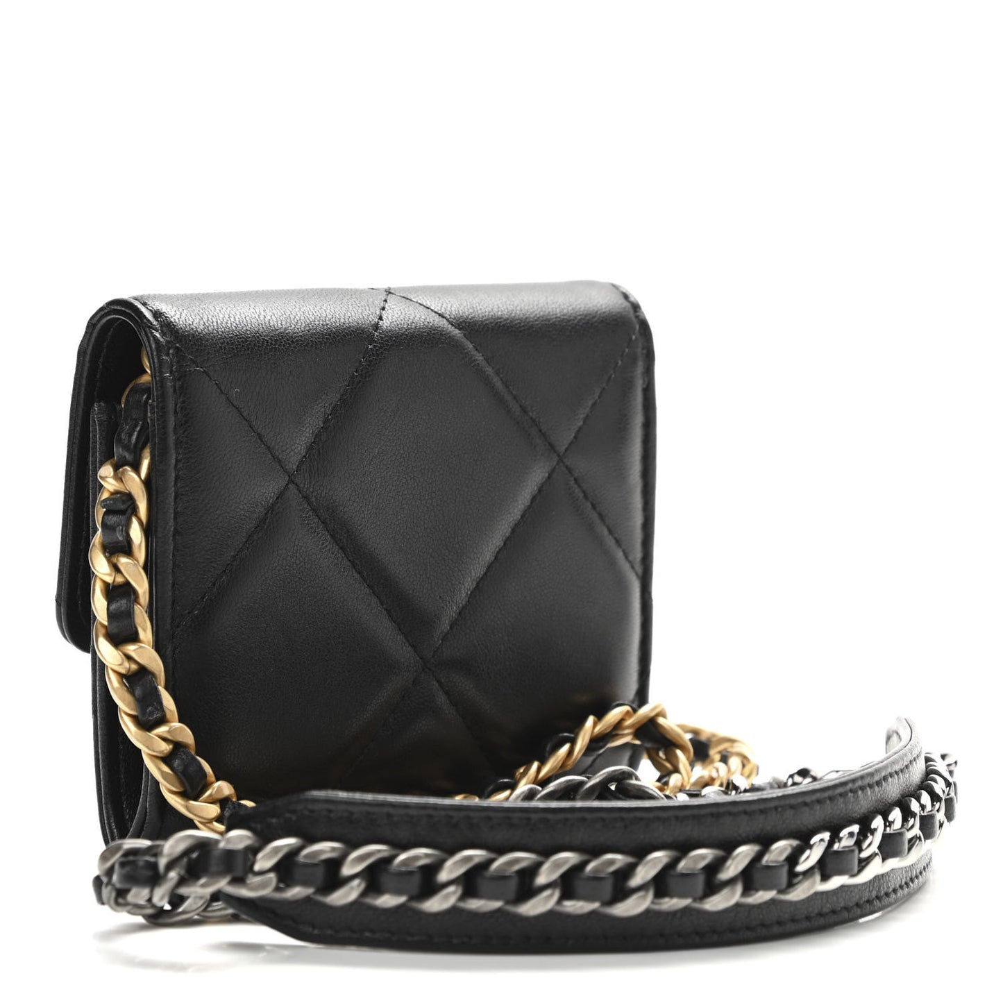 Shiny Goatskin Quilted Chanel 19 Flap Coin Purse With Chain Black