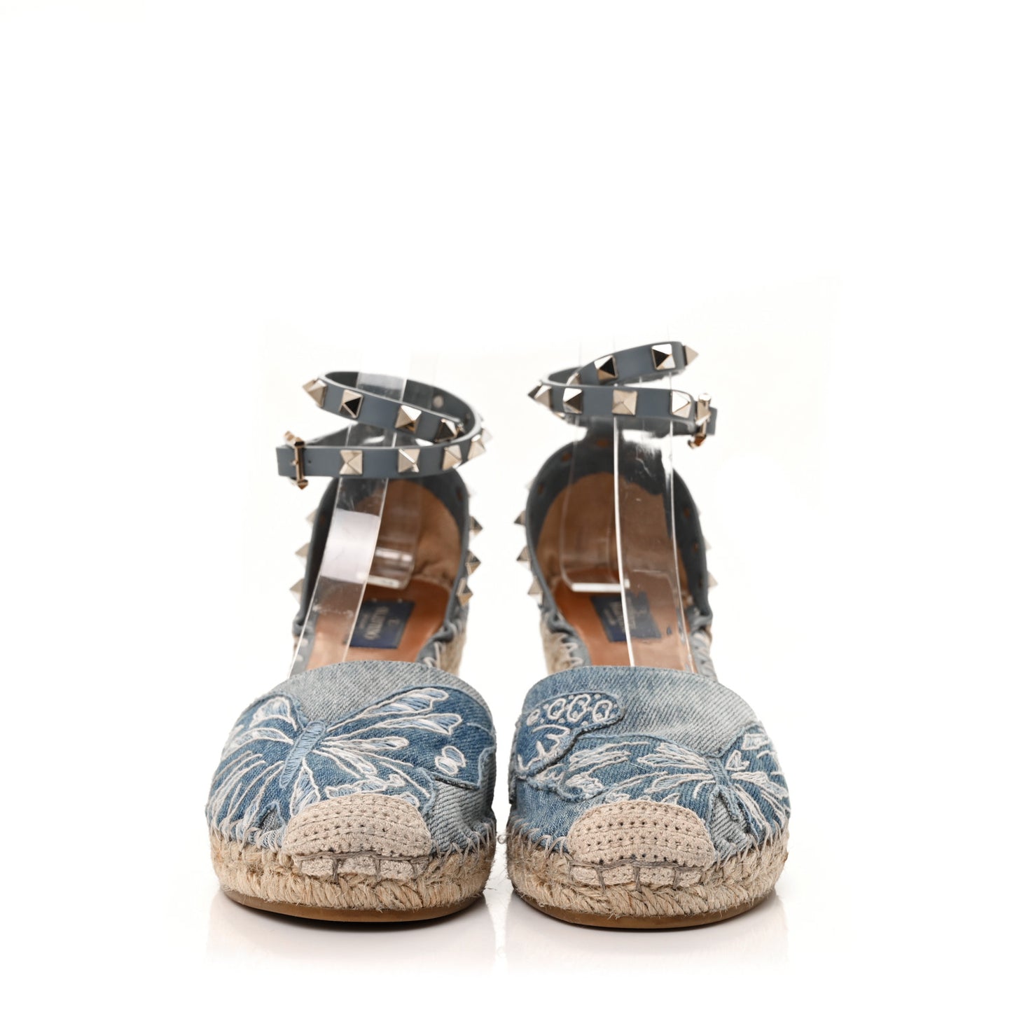 Denim Butterfly Embroidered Rockstud Ankle Wrap Espadrille 15/85mm Wedges 39 Light Denim