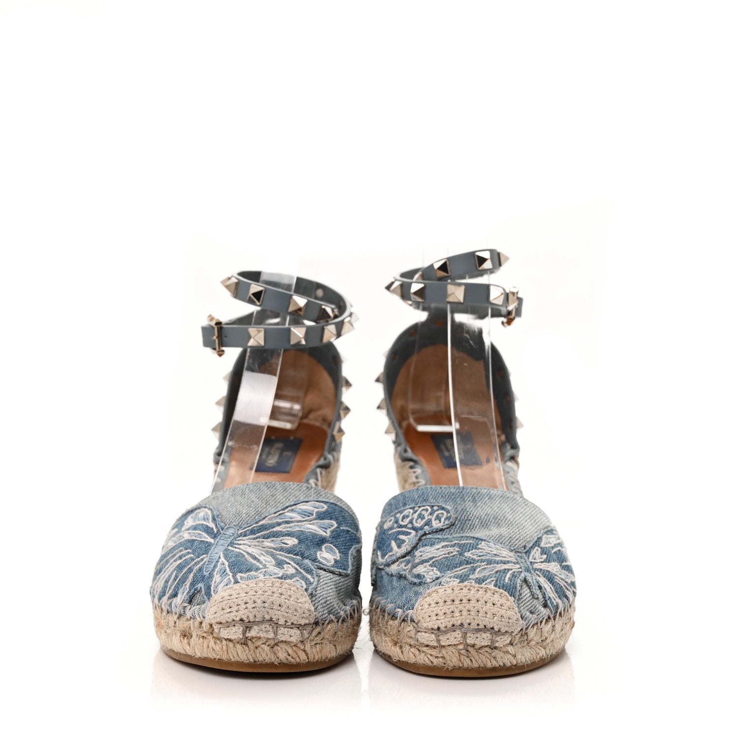Valentino Garavani Denim Butterfly Embroidered Rockstud Ankle Wrap Espadrille 15/85mm Wedges 39 Light Denim 2 of 7