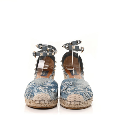 Valentino Garavani Denim Butterfly Embroidered Rockstud Ankle Wrap Espadrille 15/85mm Wedges 39 Light Denim 2 of 7