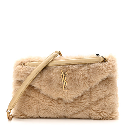 Saint Laurent Merino Shearling Lambskin Quilted Small Loulou Puffer Monogram Chain Satchel Natural Beige 1 of 11