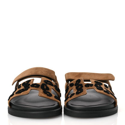 Hermes Suede Goatskin Tufted Leopard Womens Chypre Sandals 38 Brun Fume Black 2 of 10