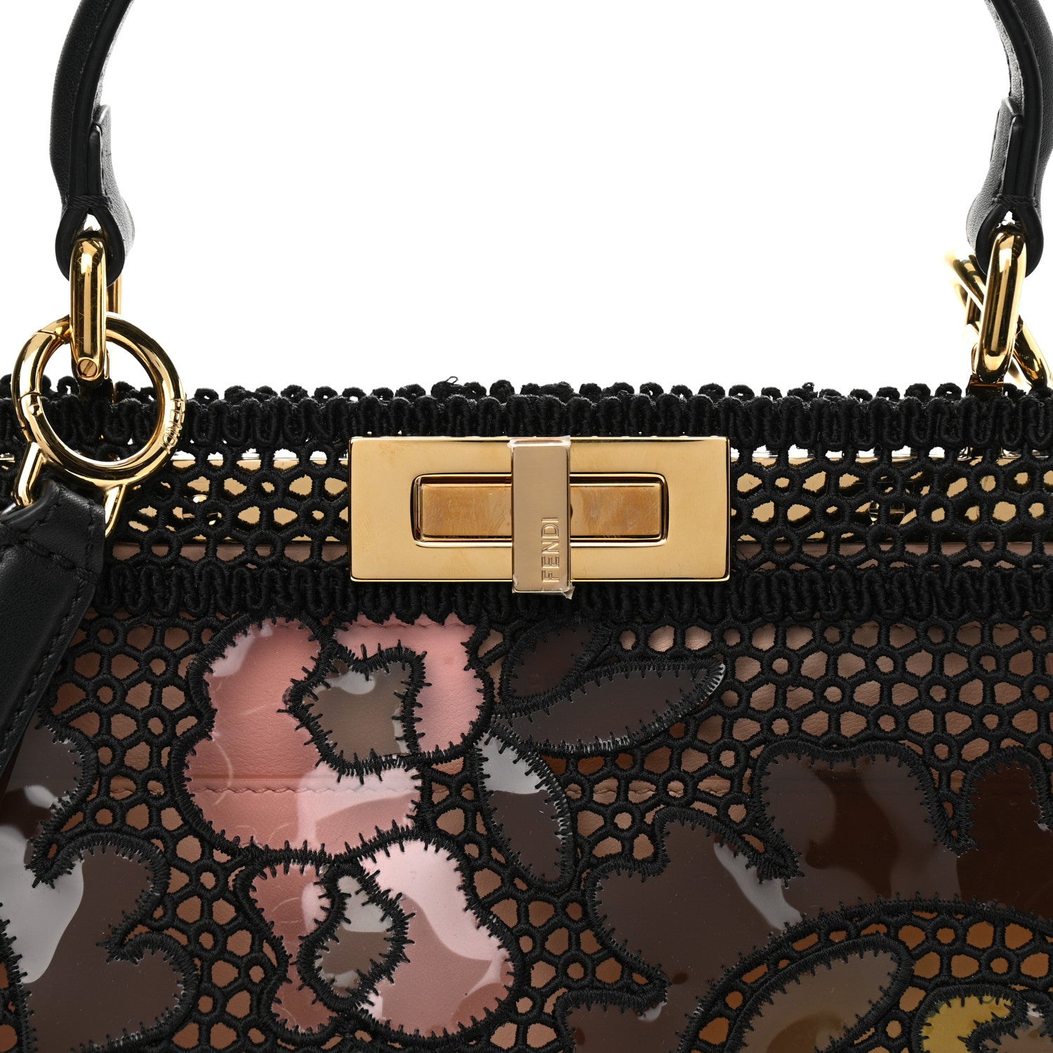 Fendi Calfskin Lace Medium Peekaboo I SEE U Satchel Black Multicolor Light Rose 9 of 12