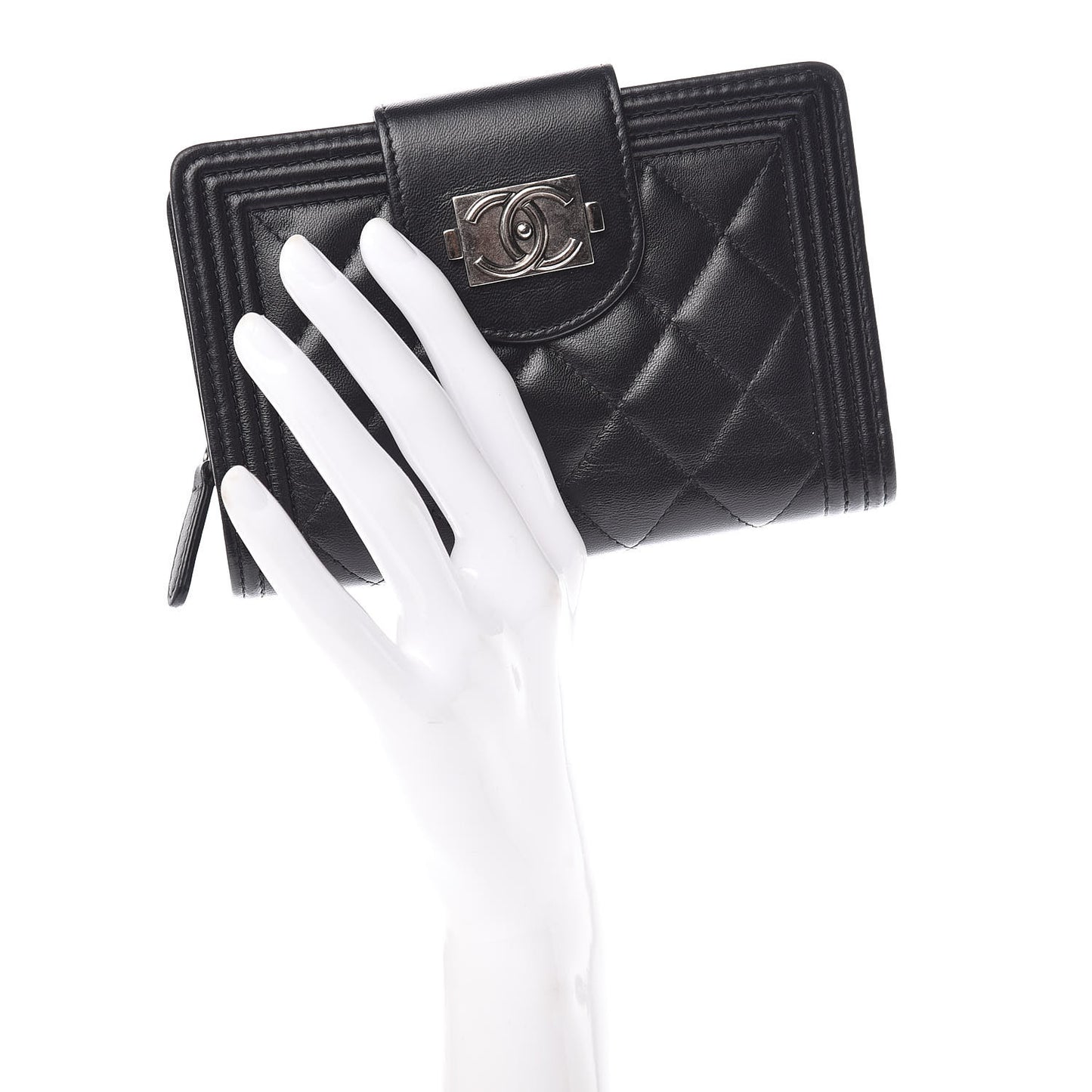 Lambskin Quilted Boy Large Zip Pocket Wallet Black