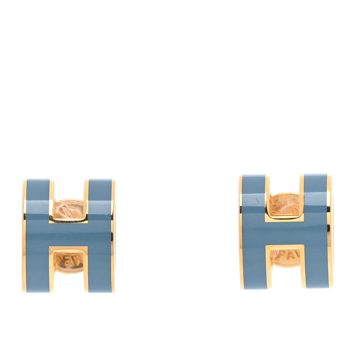 Hermes Gold Lacquered Mini Pop H Earrings Bleu Jean 1 of 5