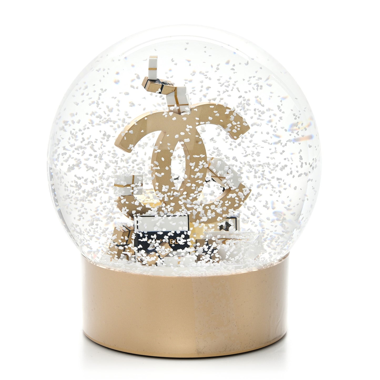 Glass CC Shopping Bag Snow Globe Gold