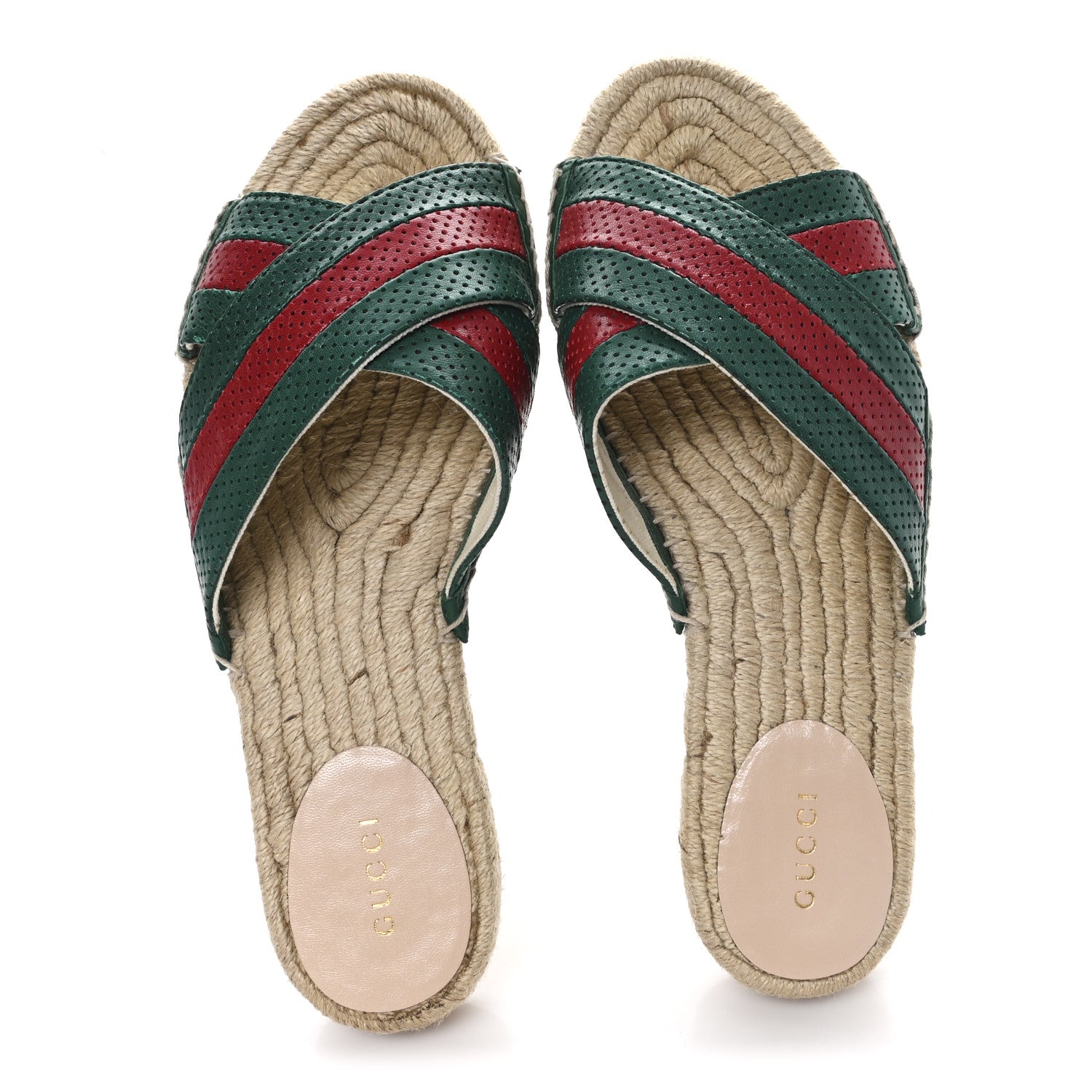 Gucci Malaga Kid Perforated Criss Cross Espadrille Slide Sandals 38.5 Emerald Hibiscus Red 2 of 10