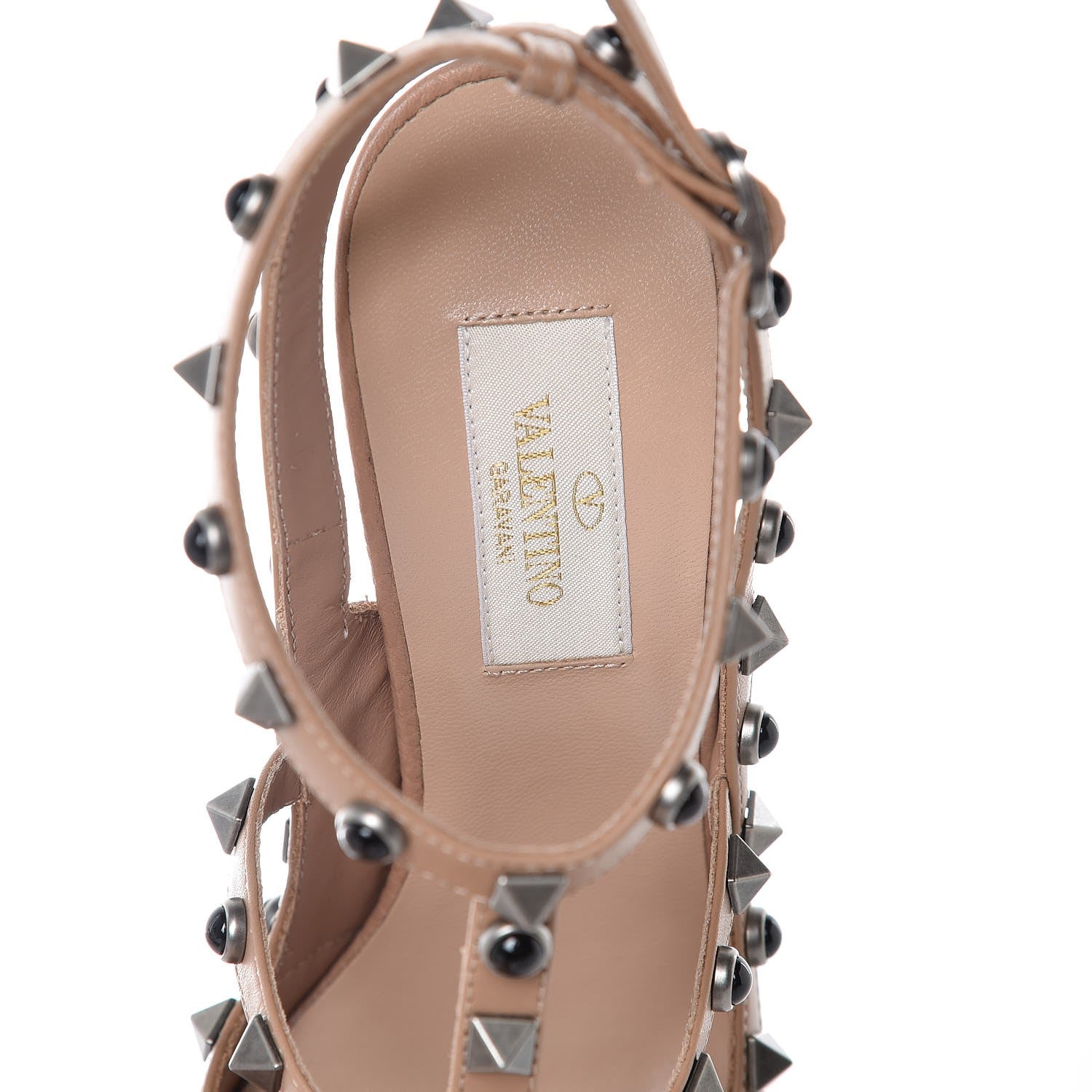 Valentino Garavani Pebbled Calfskin Onyx Rockstud Rolling Ankle Strap 100mm Pumps 37.5 Soft Noisette 5 of 8