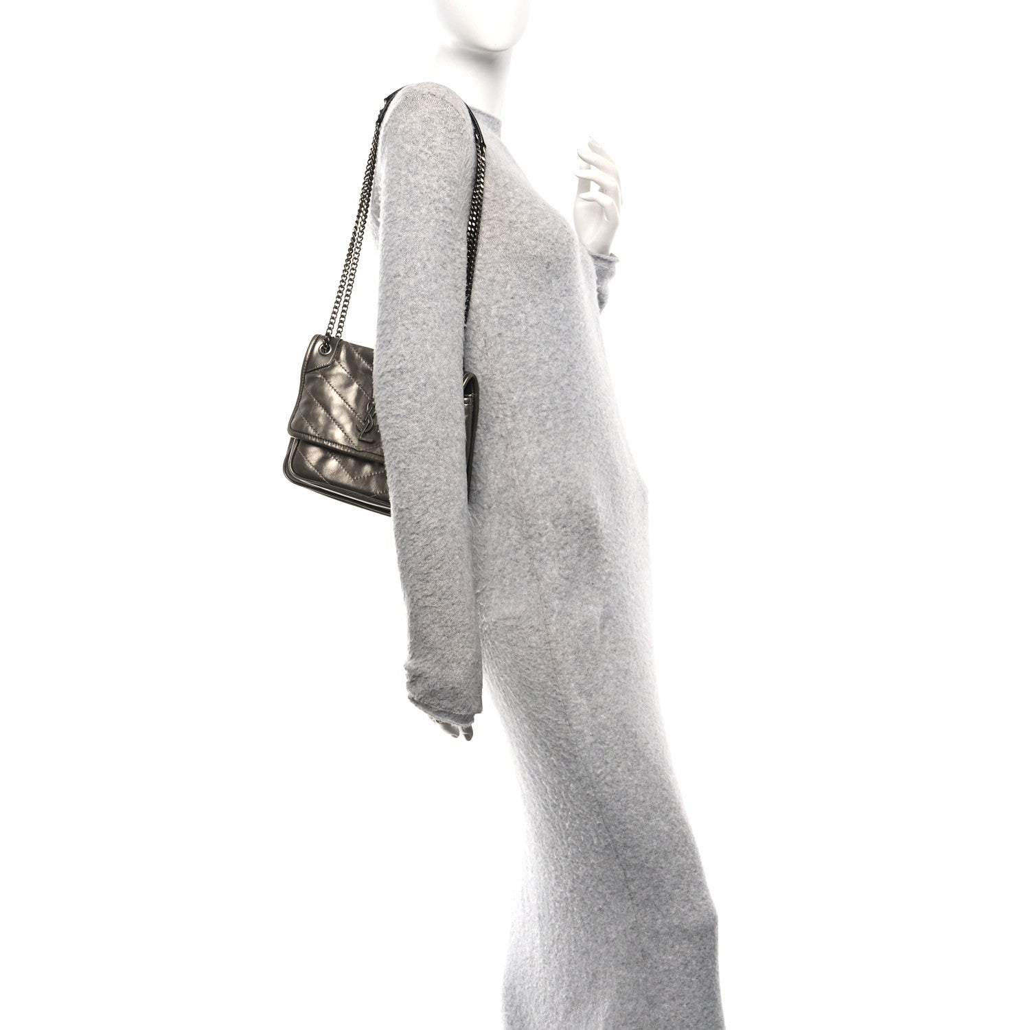 Saint Laurent Crinkled Calfskin Matelasse Monogram Baby Niki Chain Satchel Platinum 2 of 10