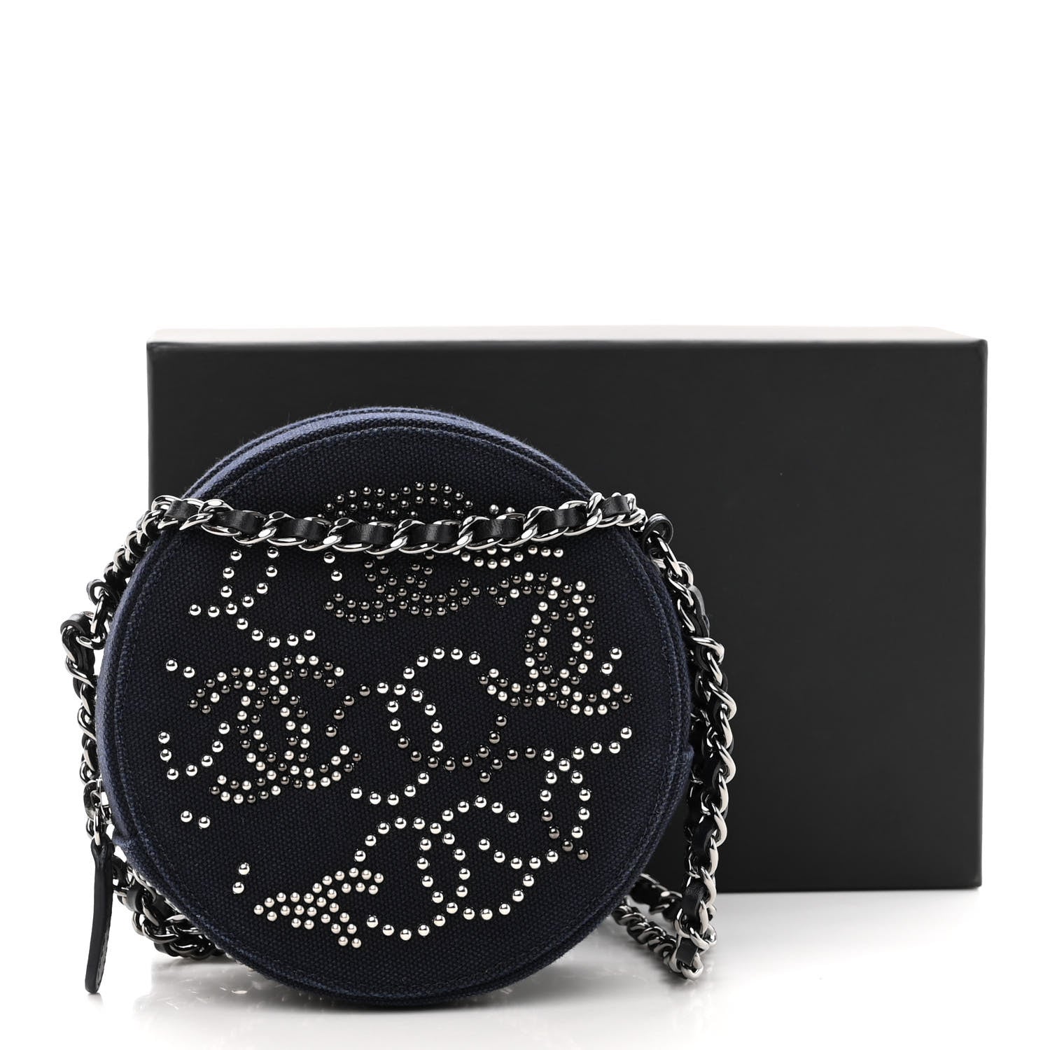 Chanel Canvas CC Studded Round Clutch With Chain Navy 9 of 9