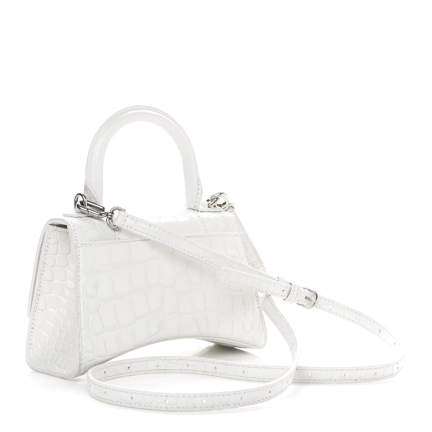 Balenciaga Shiny Calfskin Crocodile Embossed Hourglass Top Handle Bag XS White 3 of 10