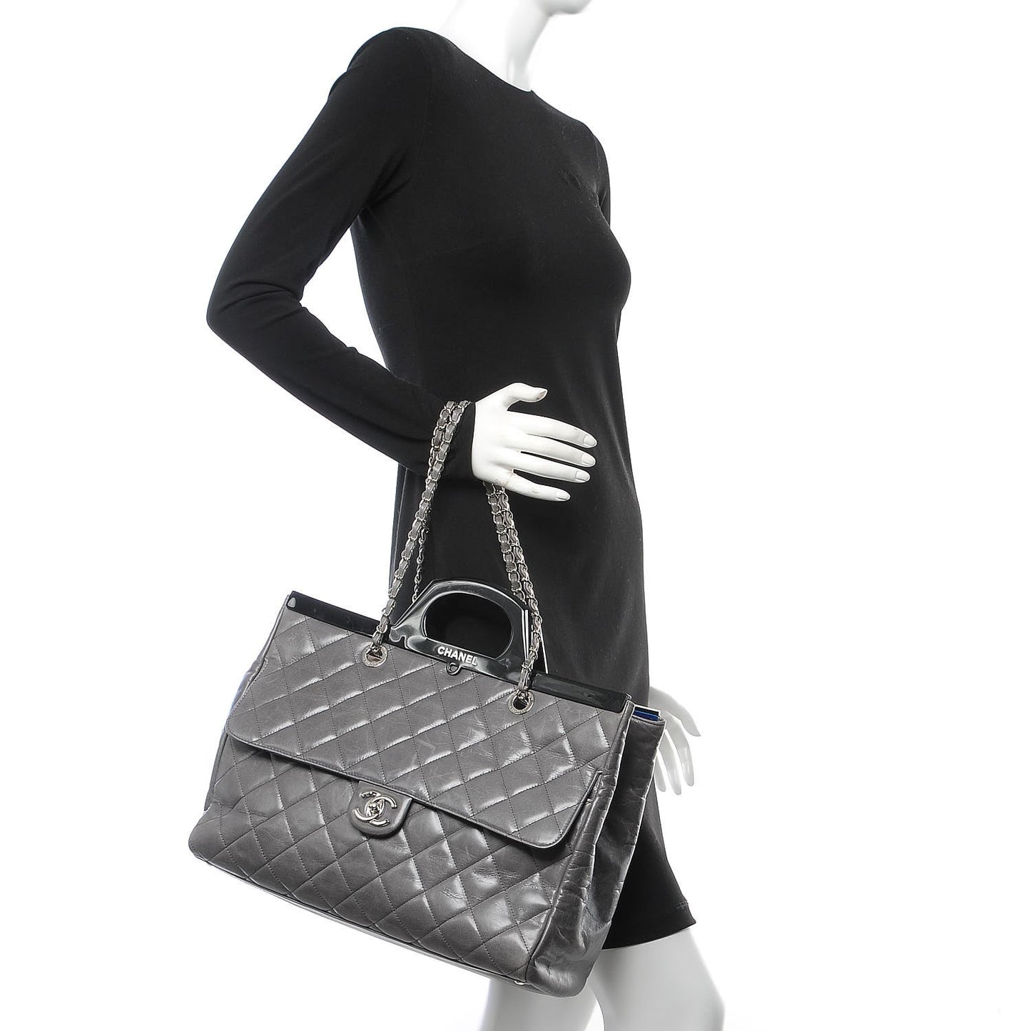 Glazed Calfskin Quilted Large CC Delivery Tote Grey