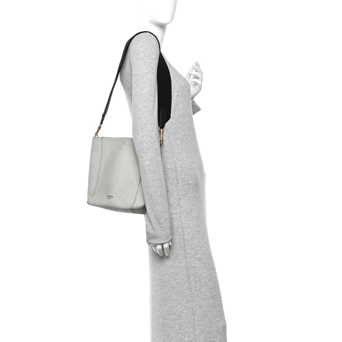 Textured Canvas Small Sangle Bucket Bag Black White