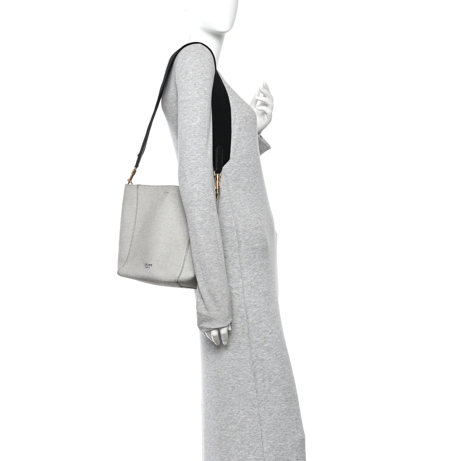 Celine Textured Canvas Small Sangle Bucket Bag Black White 2 of 9