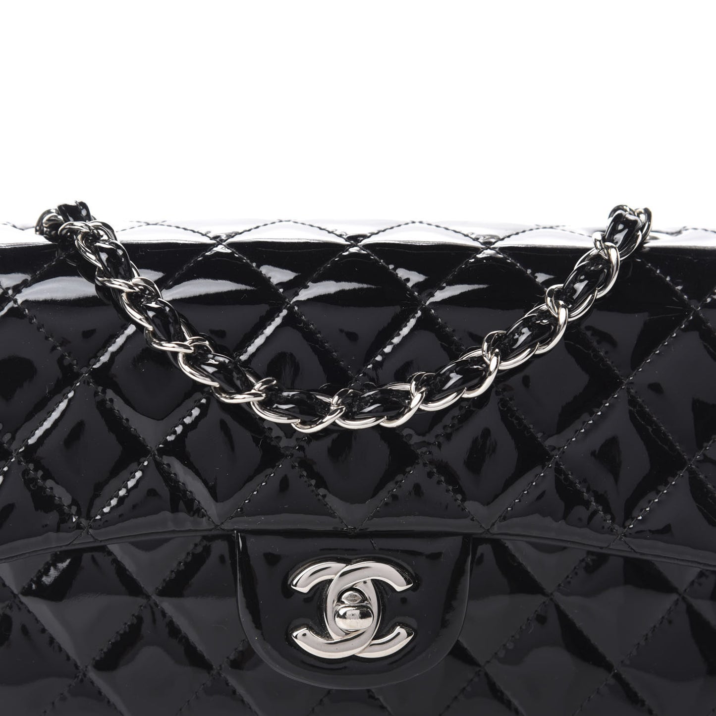 Patent Calfskin Quilted Mini Rectangular Flap Black