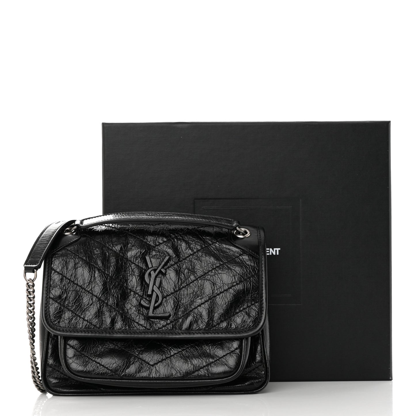 Crinkled Calfskin Matelasse Monogram Baby Niki Chain Satchel Black