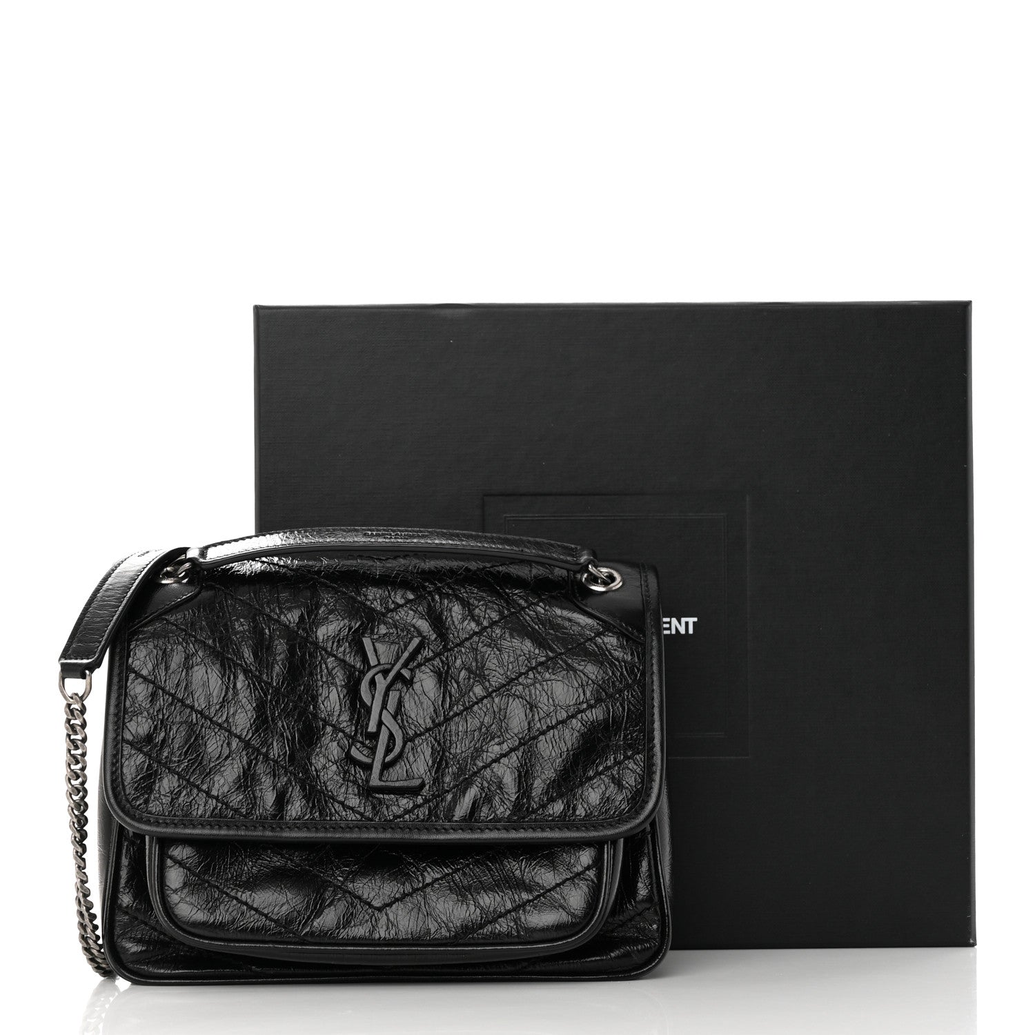 Saint Laurent Crinkled Calfskin Matelasse Monogram Baby Niki Chain Satchel Black 15 of 15