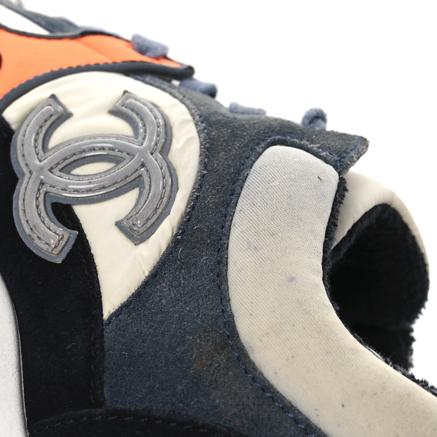 Chanel Nylon Calfskin Suede CC Womens Sneakers 35.5 Navy White