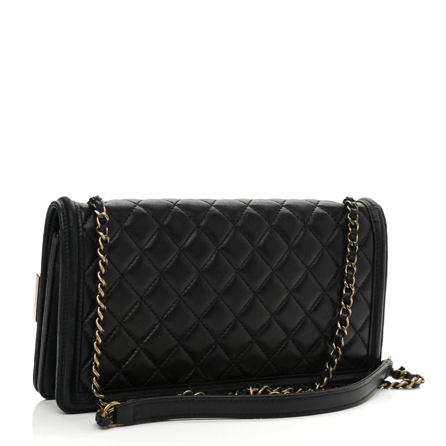 Lambskin Quilted Horizontal Boy Brick Studded Flap Black