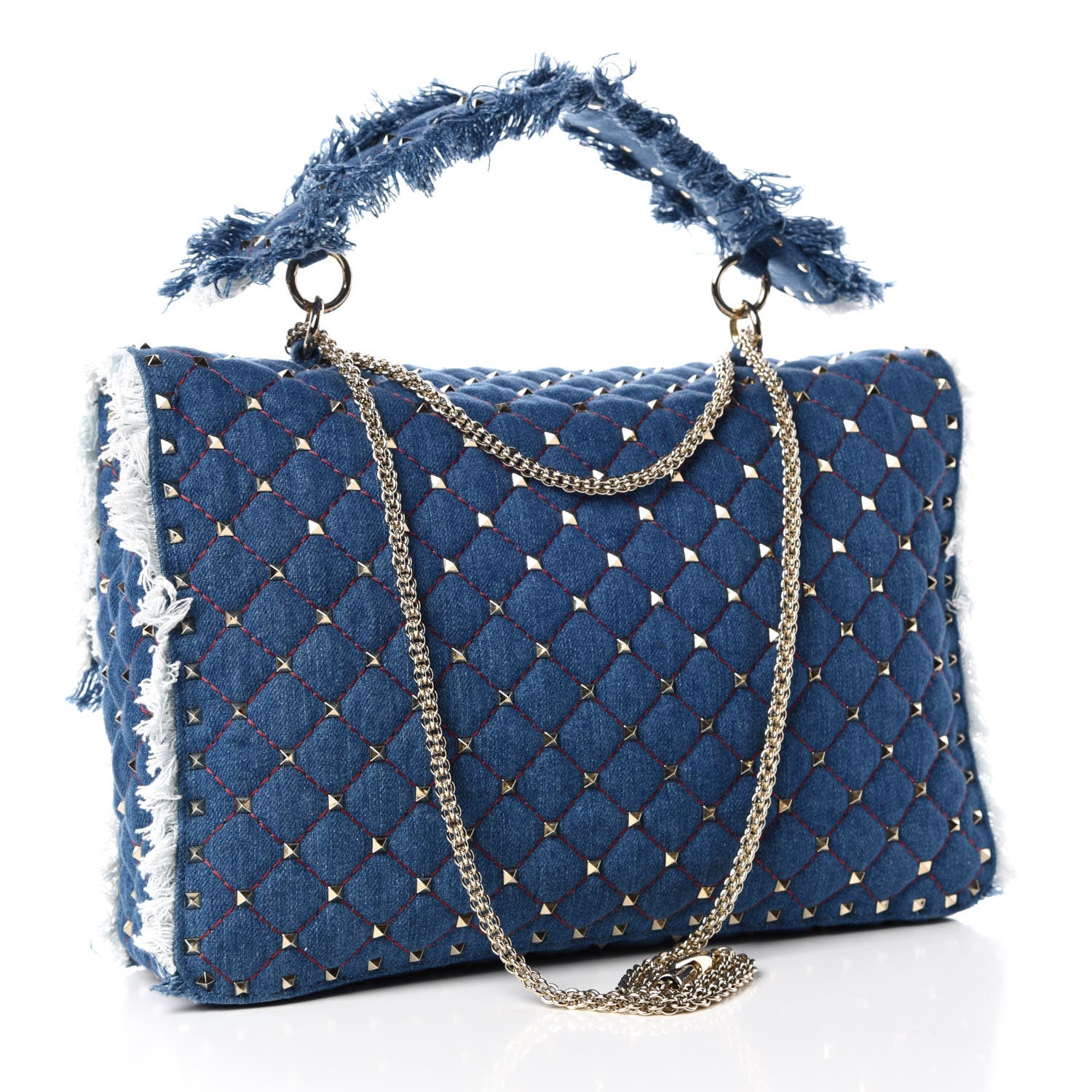 Valentino Garavani Denim Fringe Maxi Rockstud Spike Shoulder Bag Blue 3 of 11