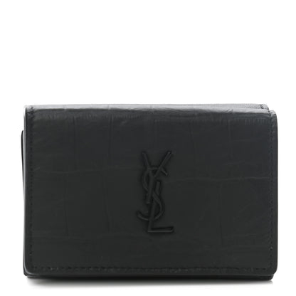Saint Laurent Crocodile Embossed Monogram Compact Tri Fold Gray 1 of 7