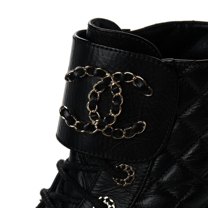 Chanel Shiny Goatskin Calfskin Quilted Lace Up Combat Boots 38.5 Black 10 of 11