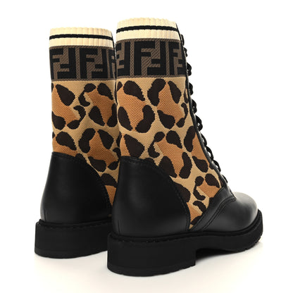Fendi Calfskin Stretch Fabric FF Leopard Rockoko Biker Boots 38 Black 4 of 7